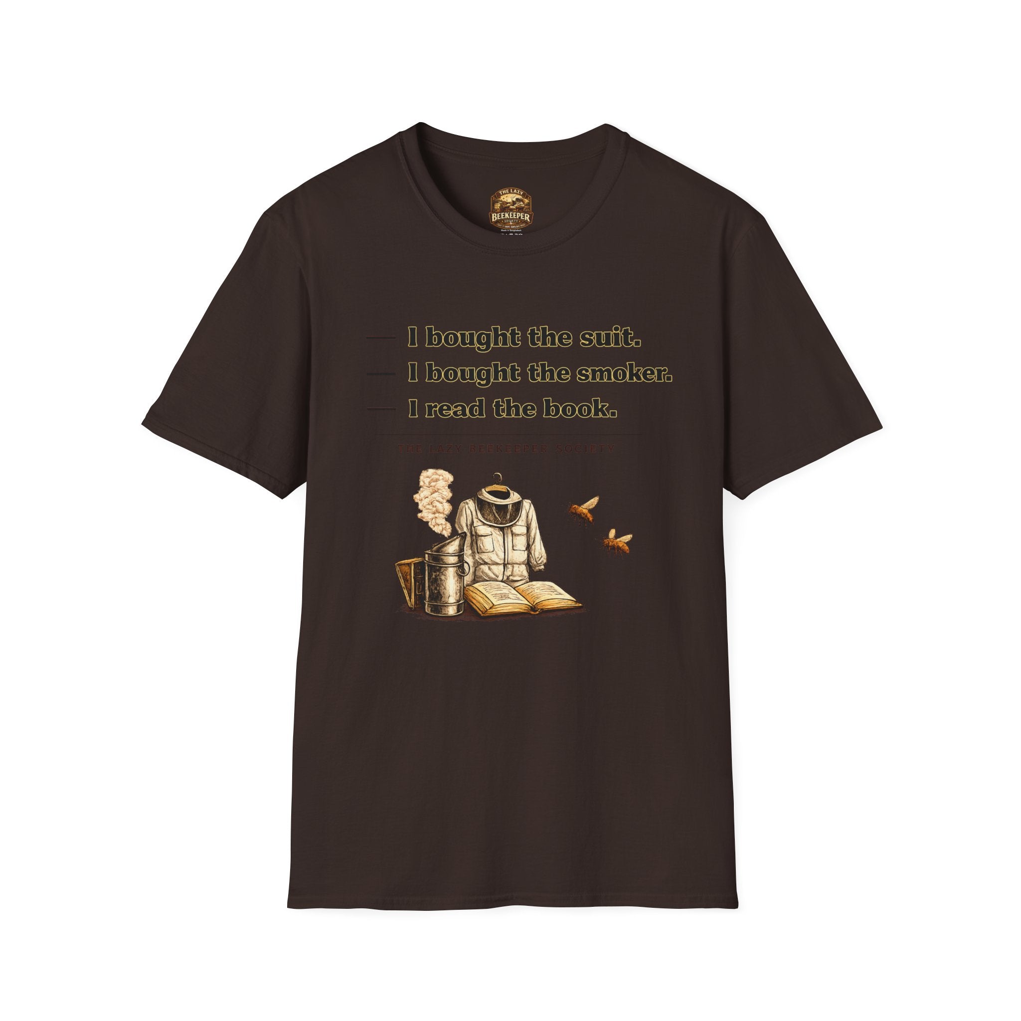 T‑Shirt — Literary Humor Tee: “I bought the suit. I bought the smoker. I read the book.”