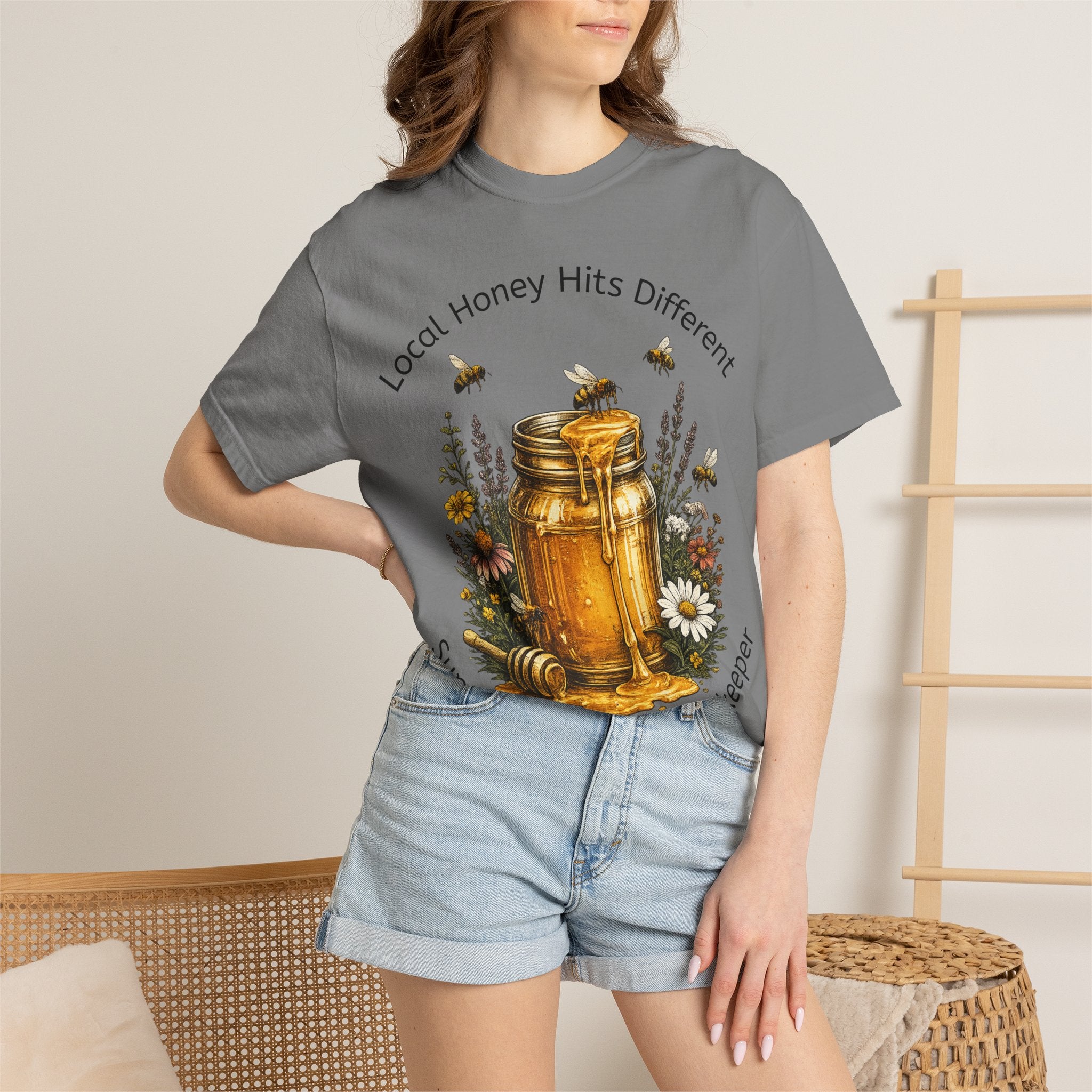 Beekeeper Support T-Shirt — "Local Honey Hits Different" Floral Honey Jar Tee