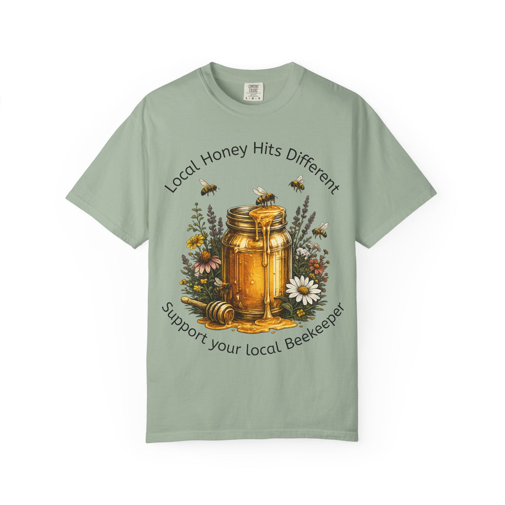 Beekeeper Support T-Shirt — "Local Honey Hits Different" Floral Honey Jar Tee
