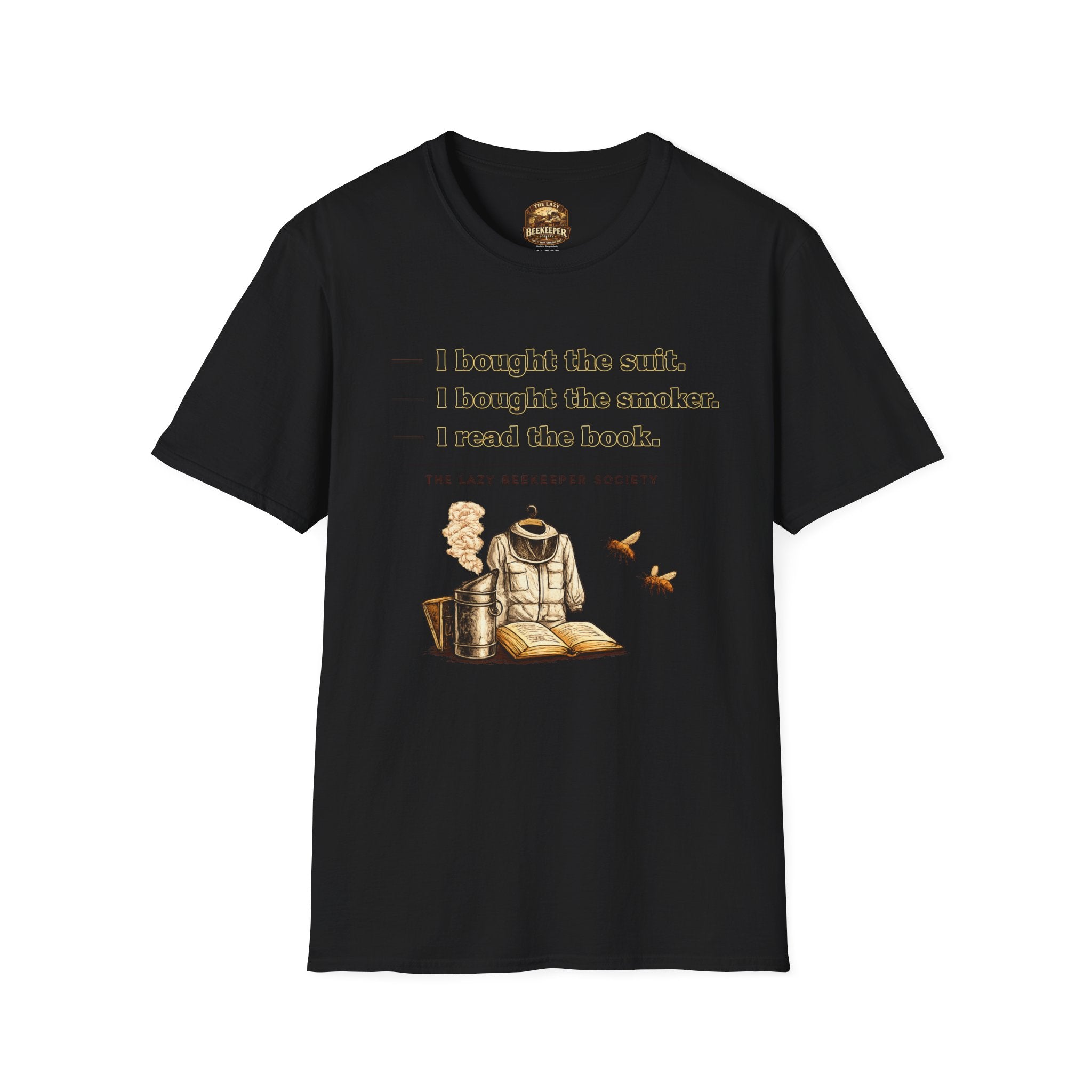 T‑Shirt — Literary Humor Tee: “I bought the suit. I bought the smoker. I read the book.”