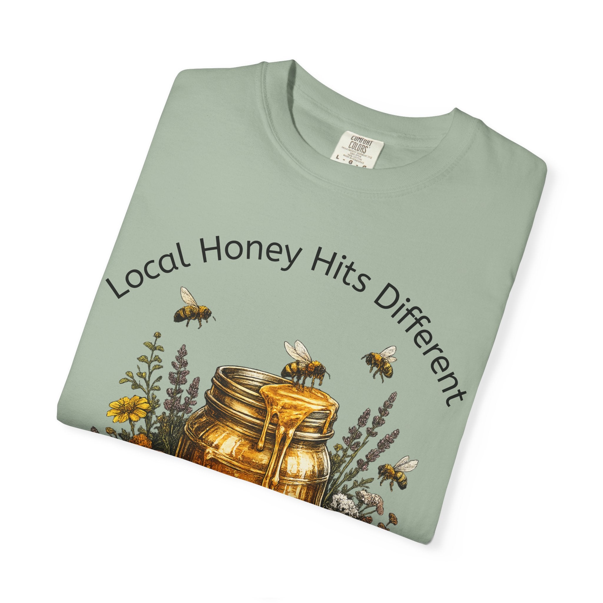 Beekeeper Support T-Shirt — "Local Honey Hits Different" Floral Honey Jar Tee
