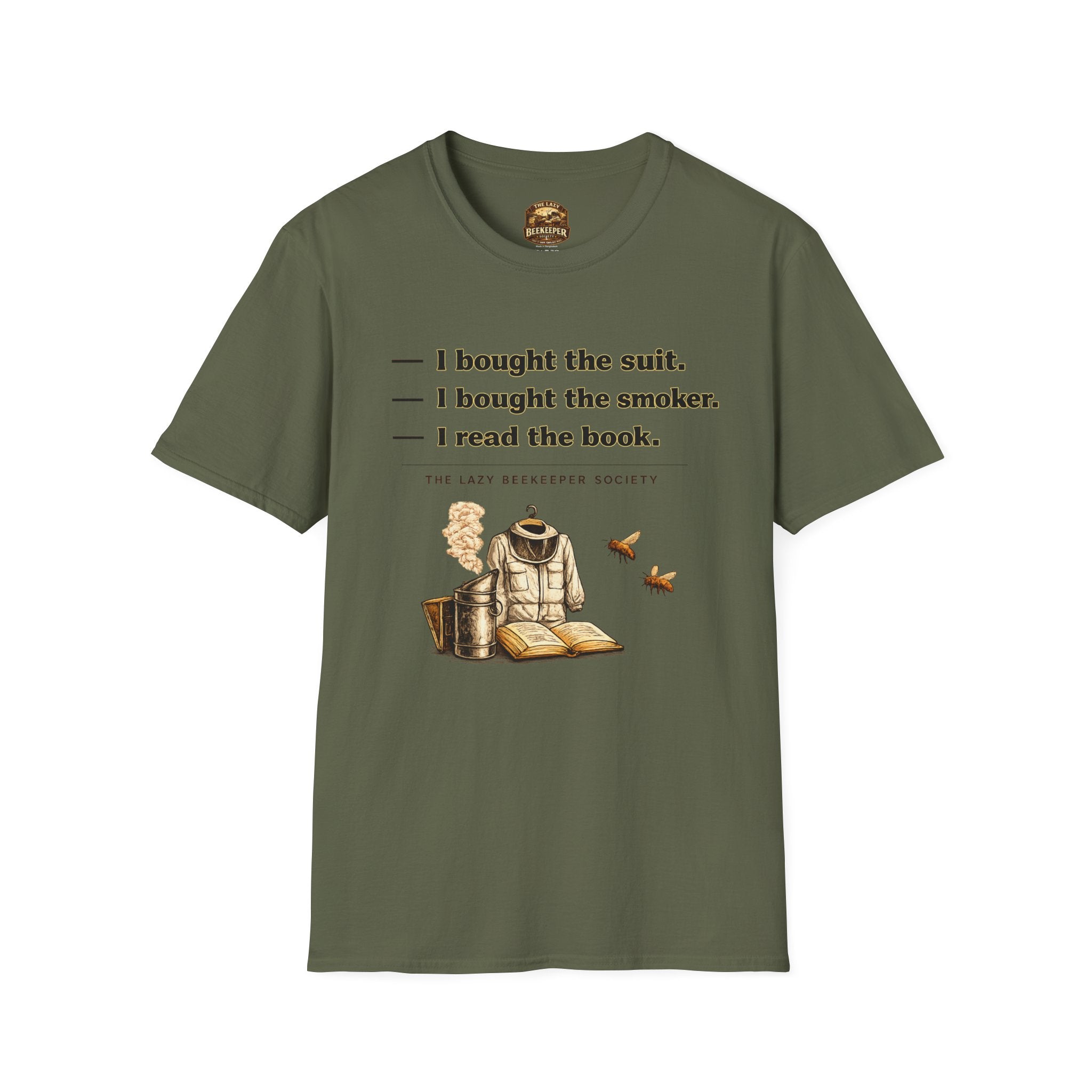 T‑Shirt — Literary Humor Tee: “I bought the suit. I bought the smoker. I read the book.”