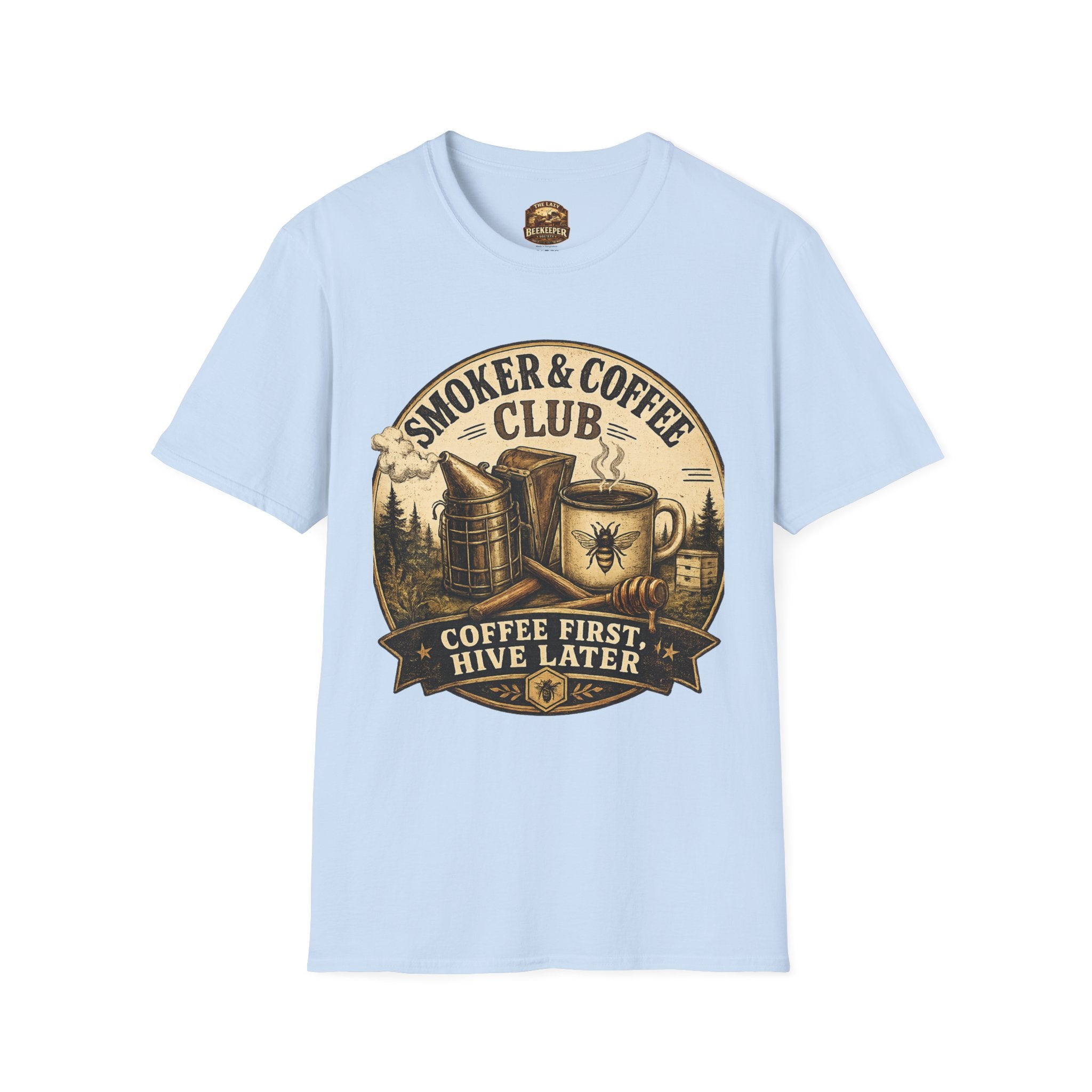 Smoker & Coffee Club T-Shirt — "Coffee First, Hive Later" Vintage Badge