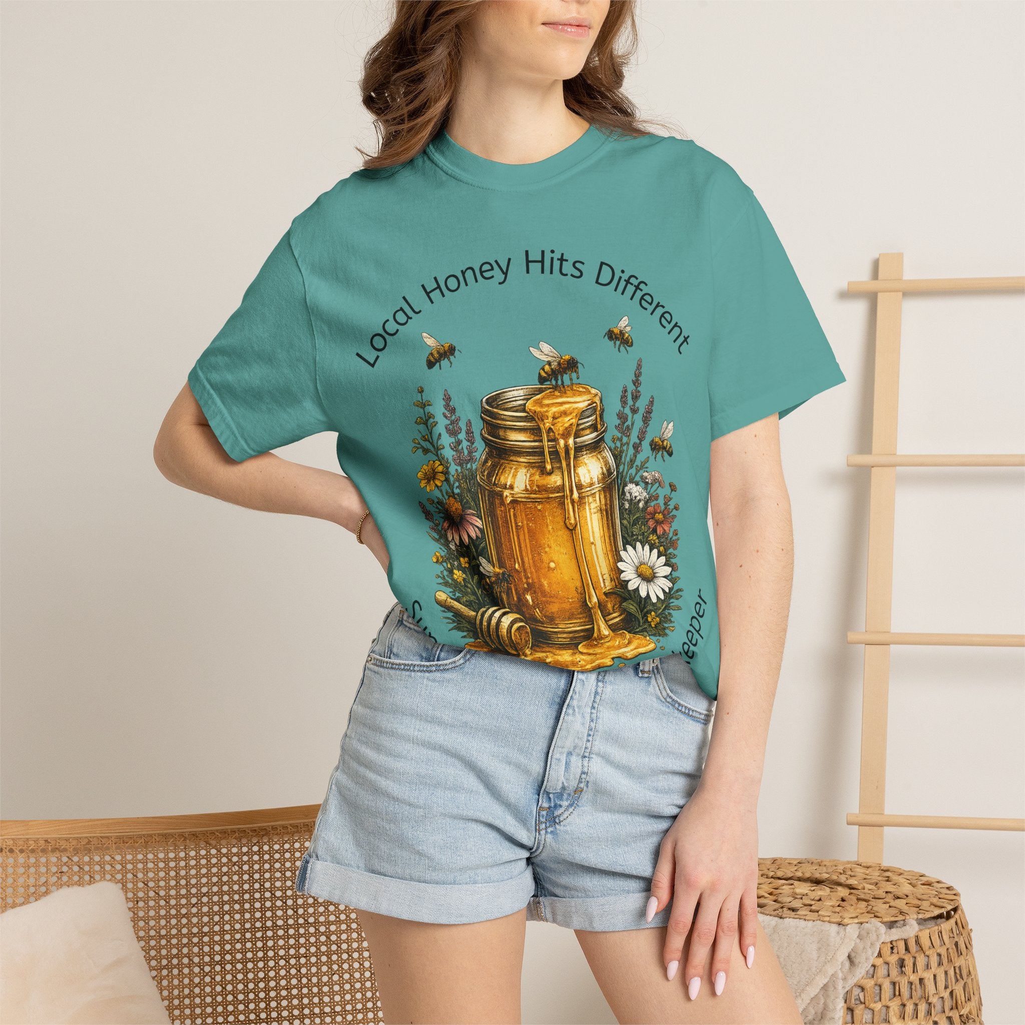 Beekeeper Support T-Shirt — "Local Honey Hits Different" Floral Honey Jar Tee