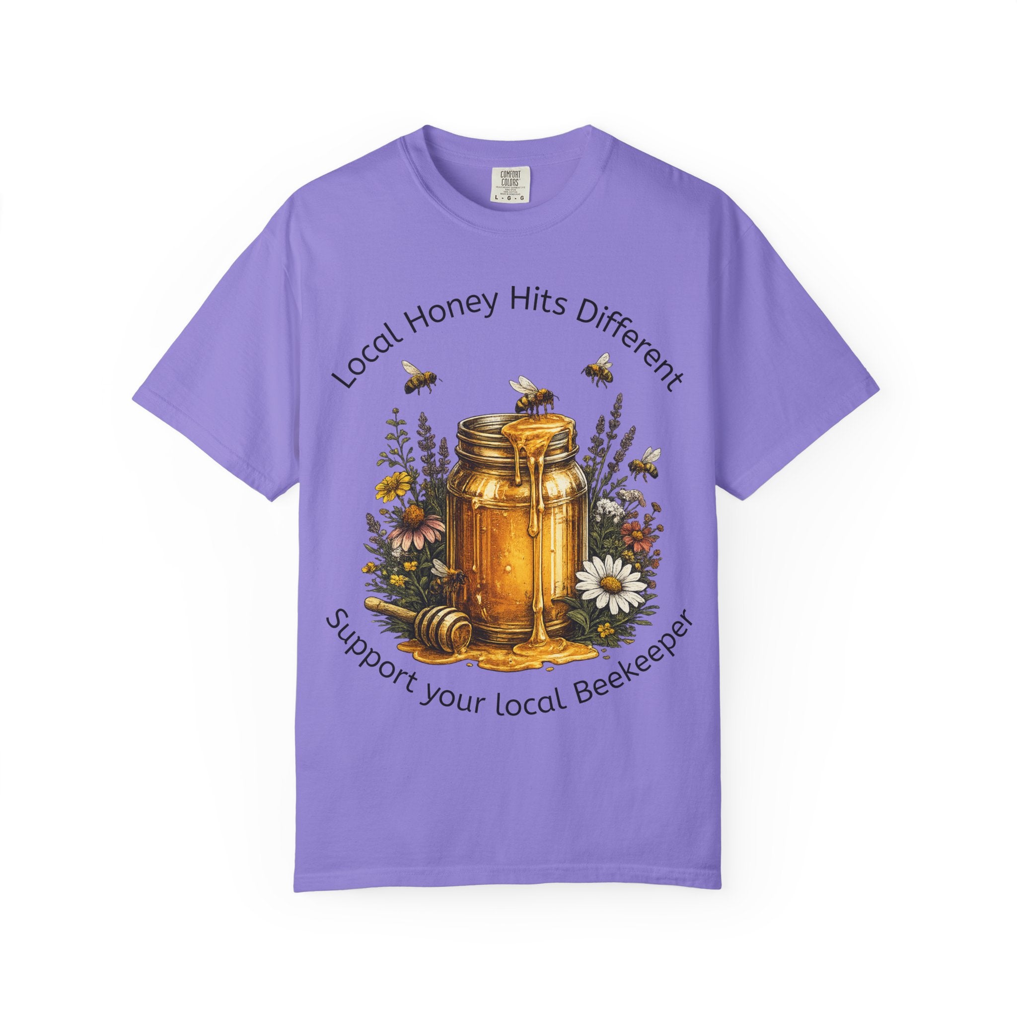 Beekeeper Support T-Shirt — "Local Honey Hits Different" Floral Honey Jar Tee