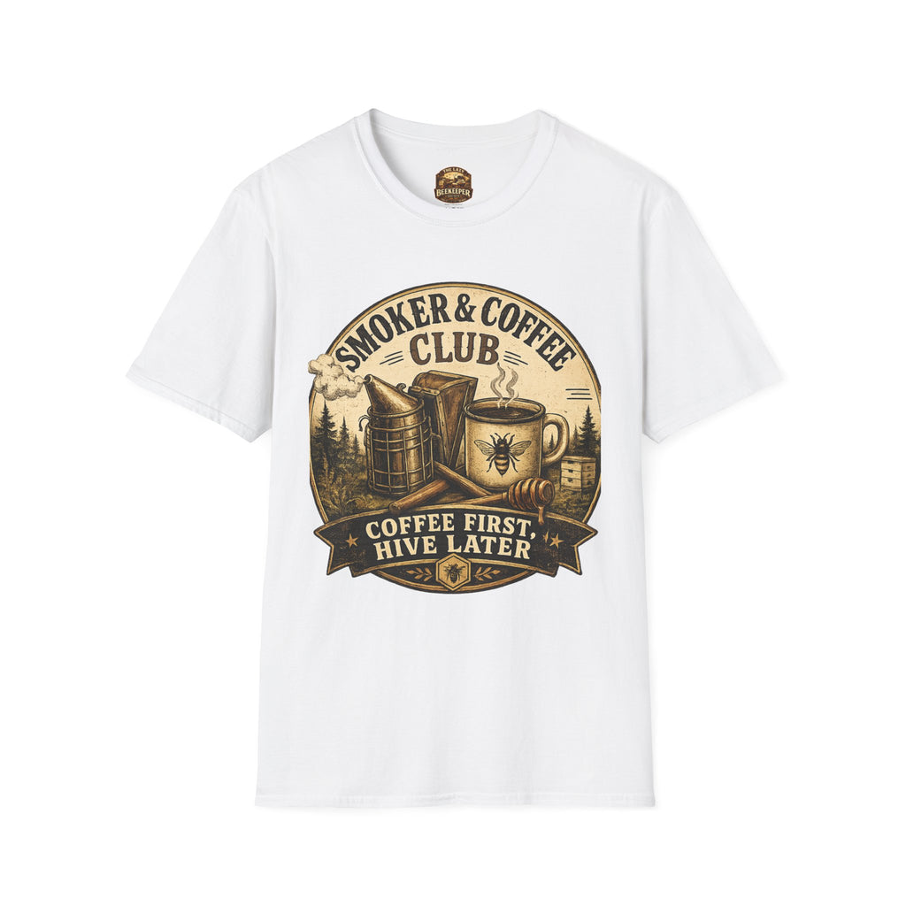 Smoker & Coffee Club T-Shirt — "Coffee First, Hive Later" Vintage Badge