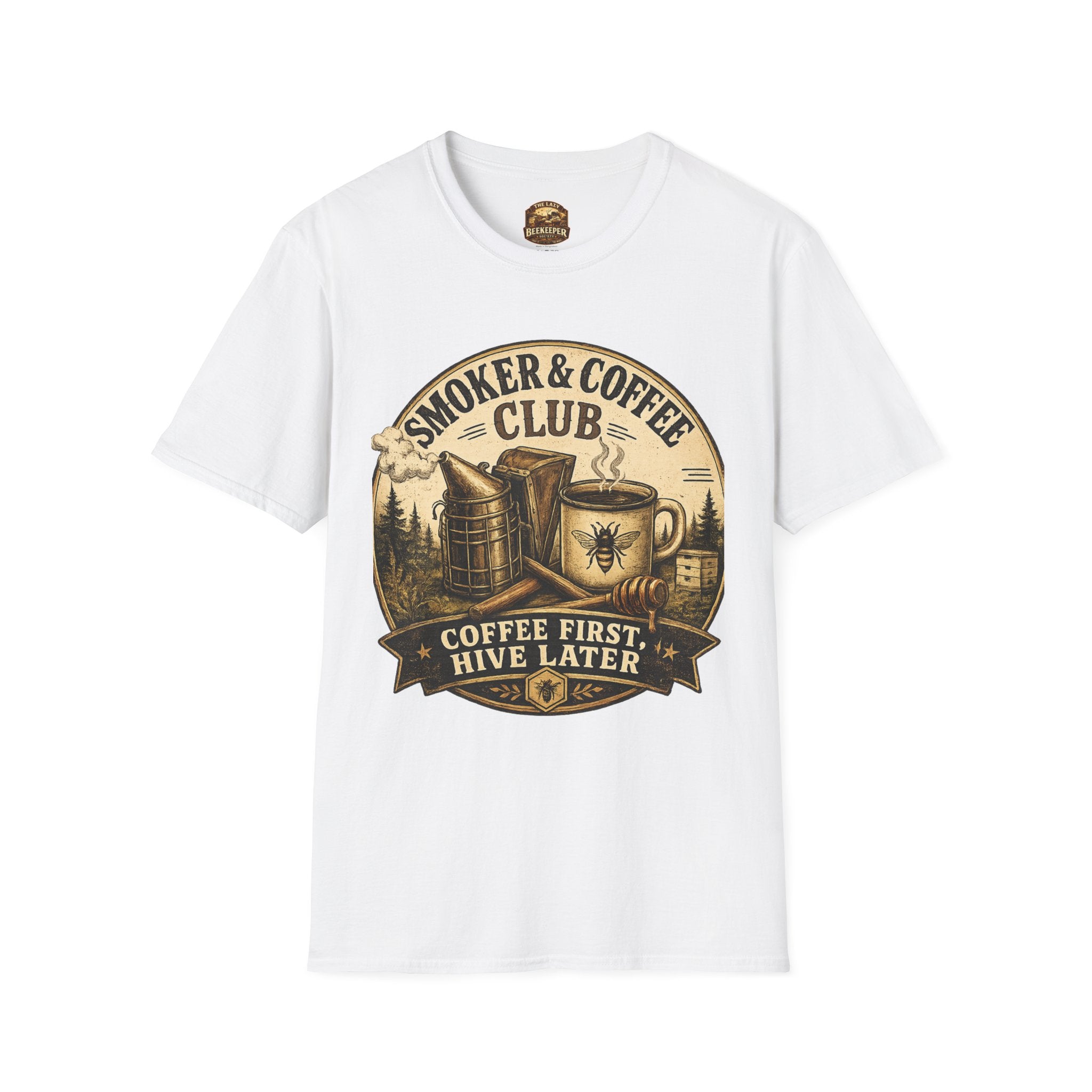 Smoker & Coffee Club T-Shirt — "Coffee First, Hive Later" Vintage Badge