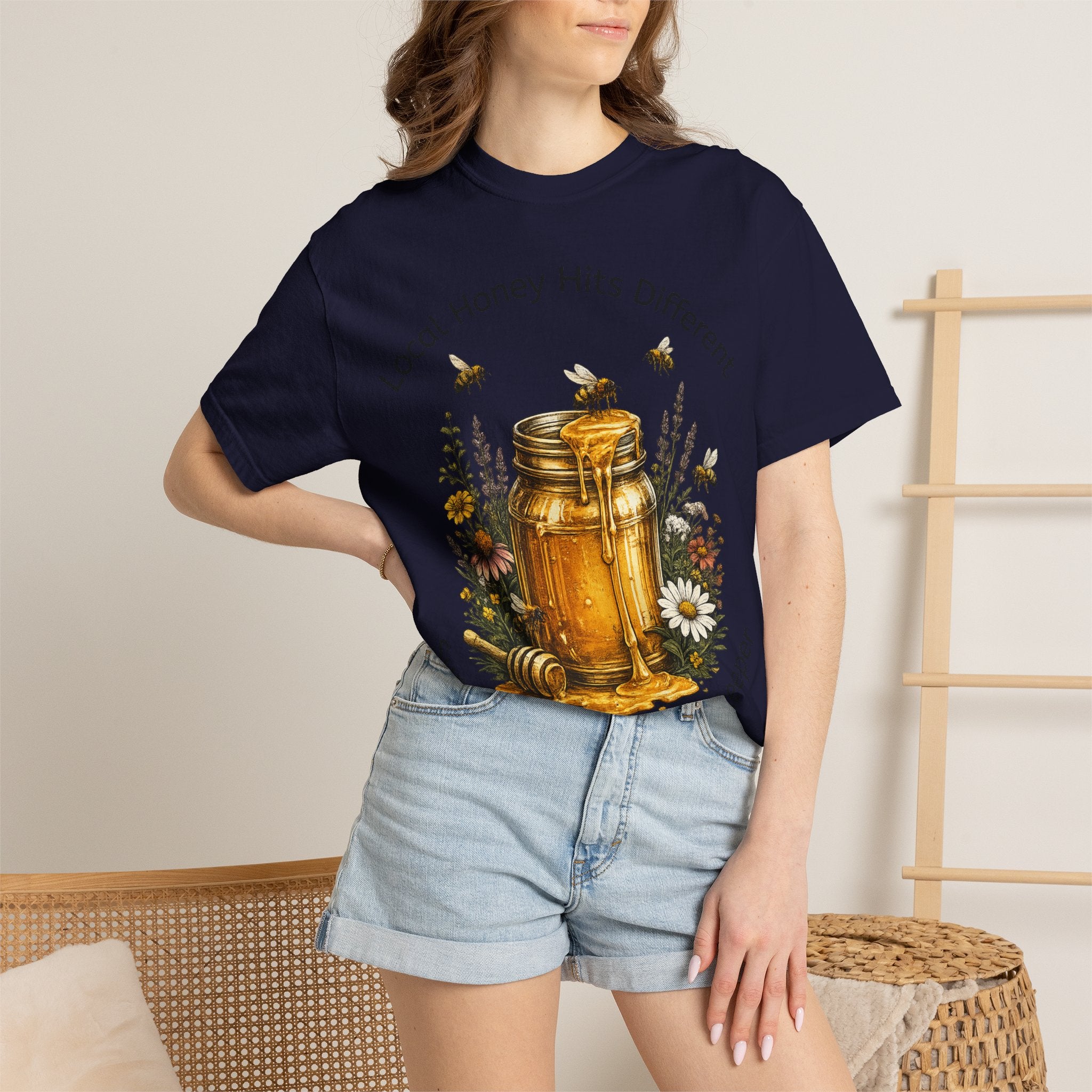 Beekeeper Support T-Shirt — "Local Honey Hits Different" Floral Honey Jar Tee