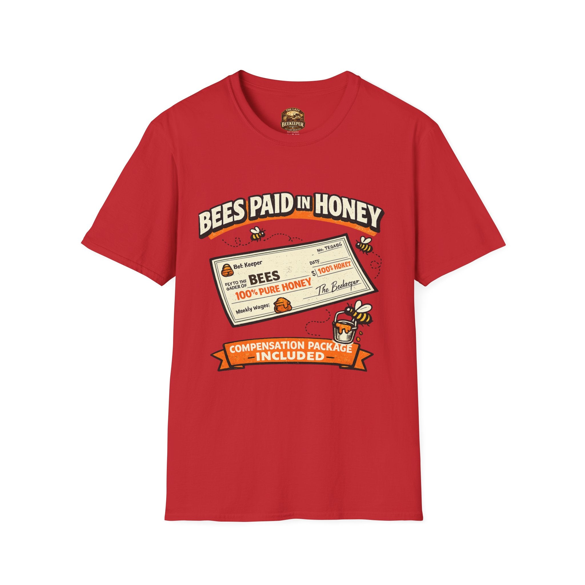 Beekeeping T-Shirt — "Bees Paid in Honey" Vintage Check Design
