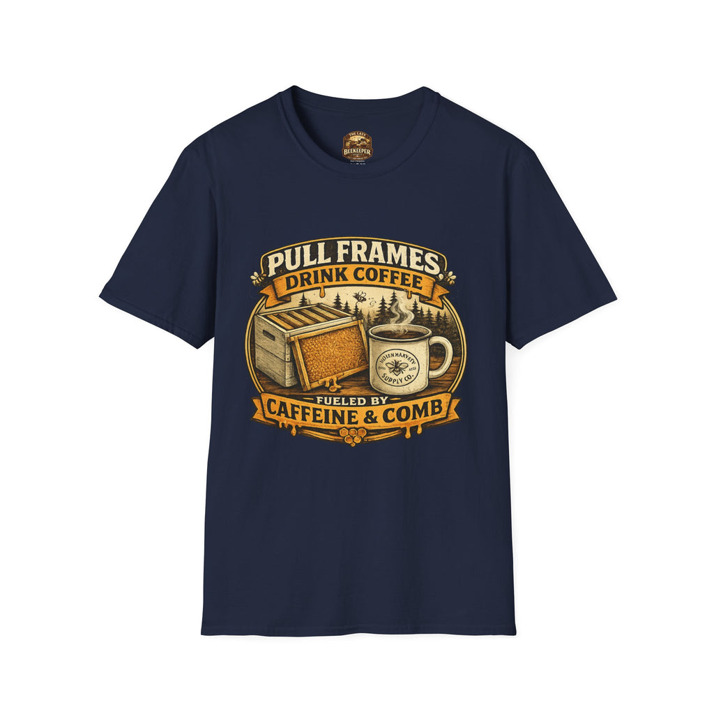 T-Shirt „Pull Frames Drink Coffee“ – Imker Kaffee & Waben Grafik-T-Shirt