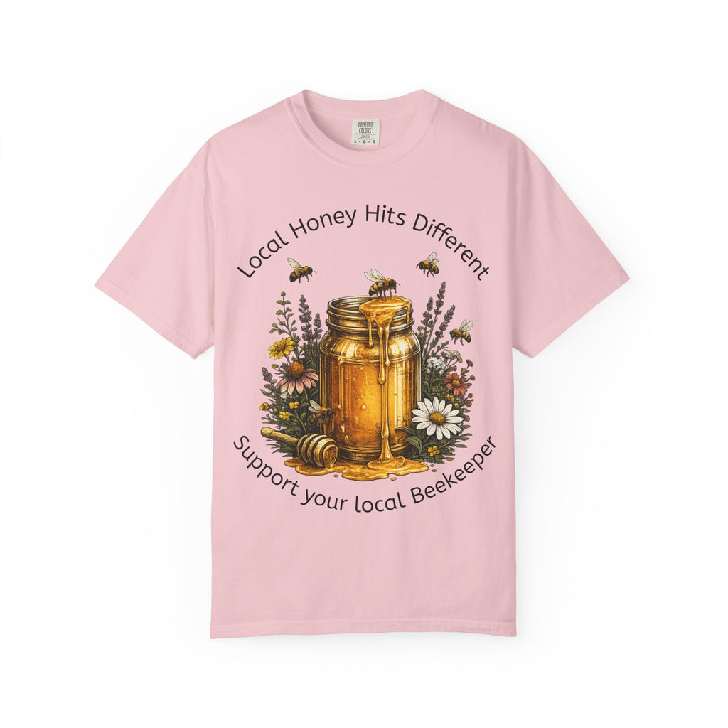 Beekeeper Support T-Shirt — "Local Honey Hits Different" Floral Honey Jar Tee