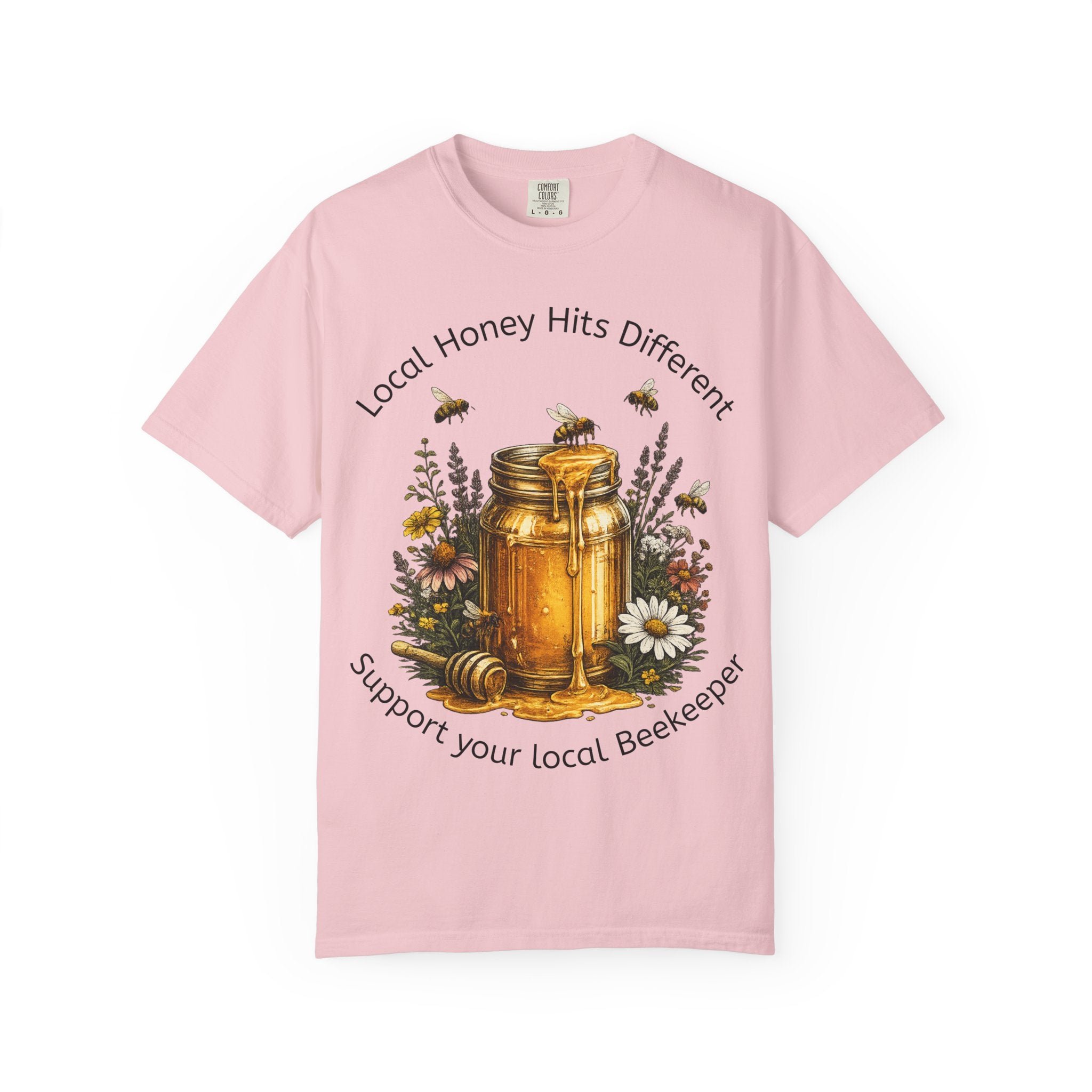 Beekeeper Support T-Shirt — "Local Honey Hits Different" Floral Honey Jar Tee