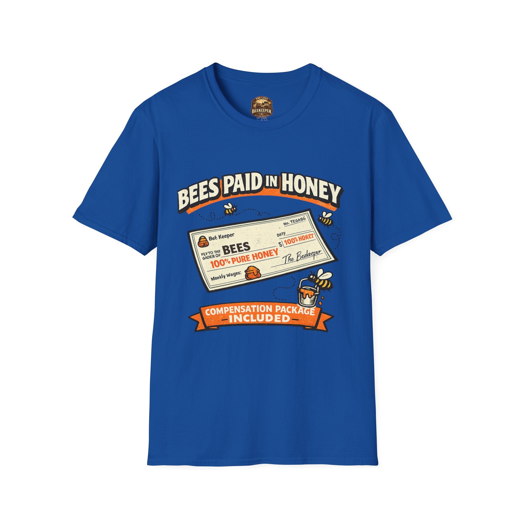 Beekeeping T-Shirt — "Bees Paid in Honey" Vintage Check Design
