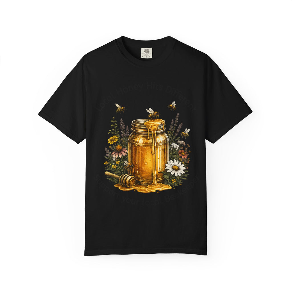 Beekeeper Support T-Shirt — "Local Honey Hits Different" Floral Honey Jar Tee