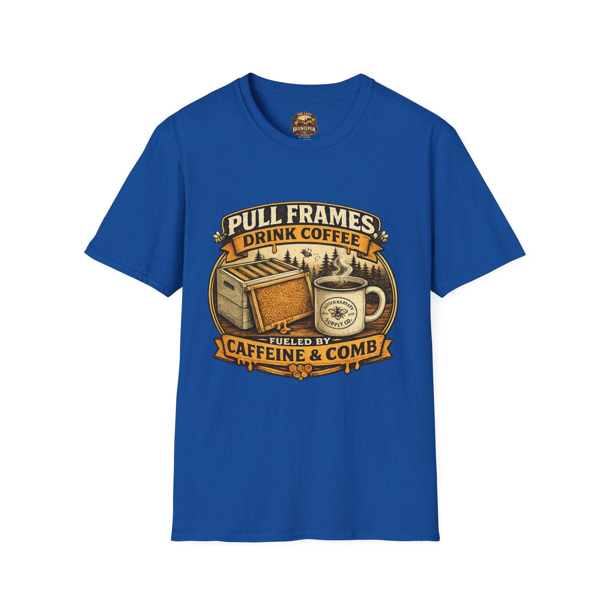T-Shirt „Pull Frames Drink Coffee“ – Imker Kaffee & Waben Grafik-T-Shirt