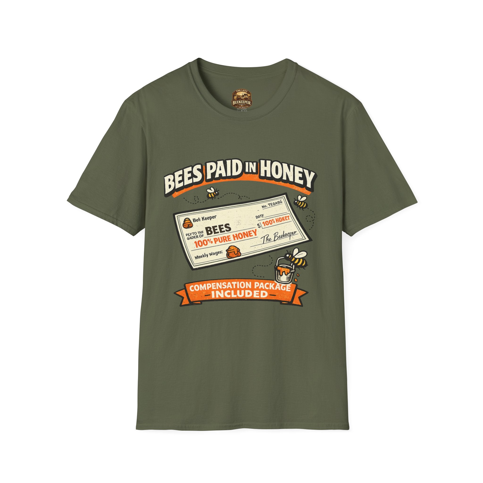 Beekeeping T-Shirt — "Bees Paid in Honey" Vintage Check Design