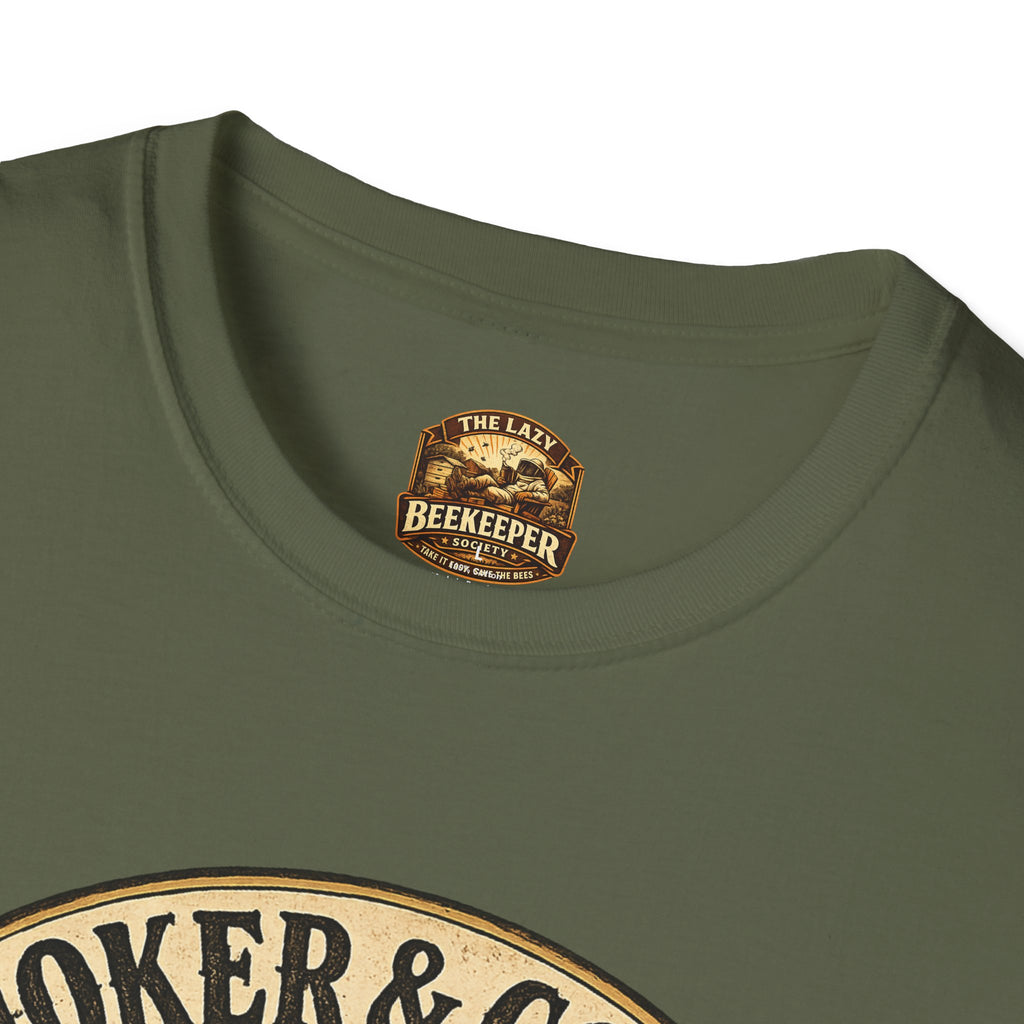 Smoker & Coffee Club T-Shirt — "Coffee First, Hive Later" Vintage Badge