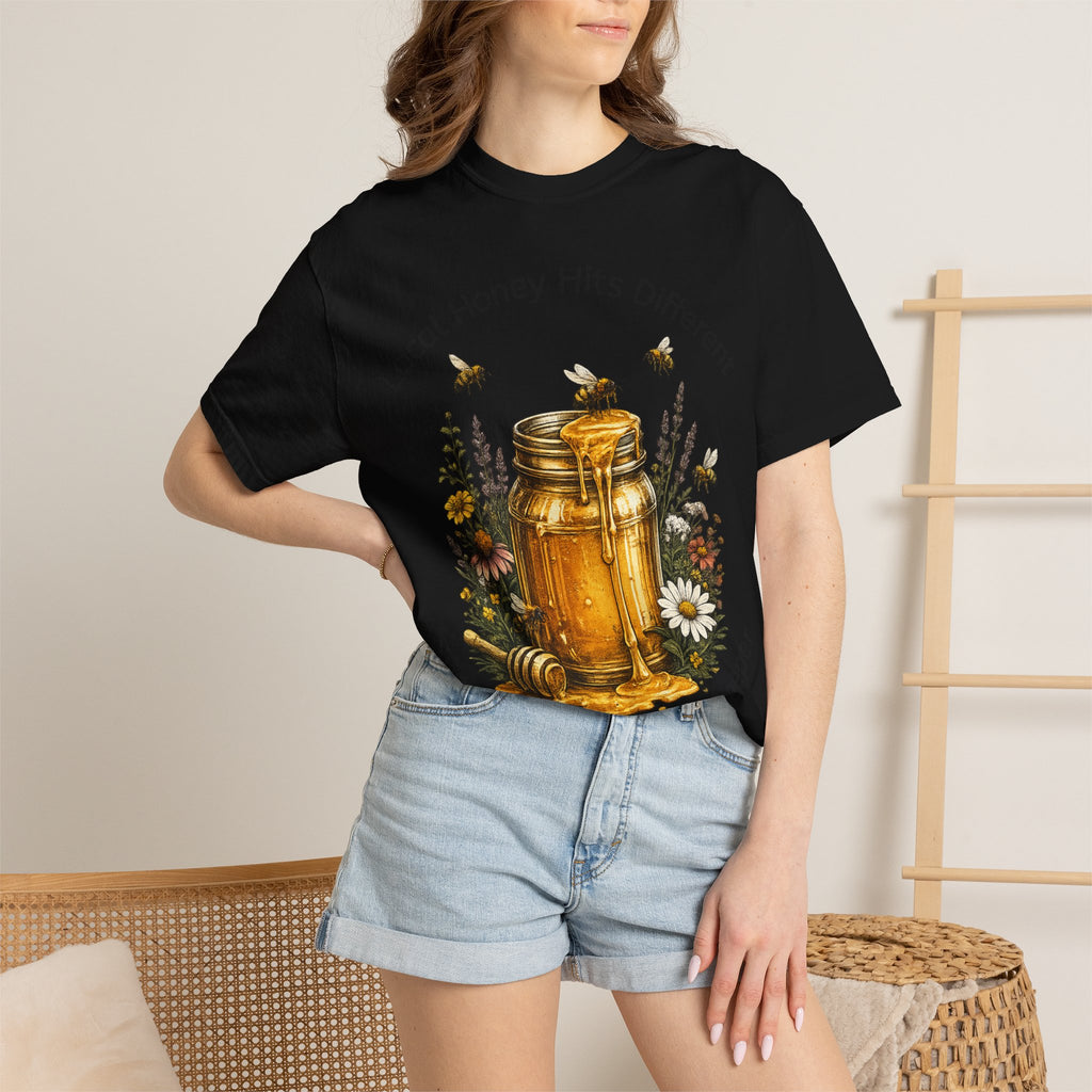 Beekeeper Support T-Shirt — "Local Honey Hits Different" Floral Honey Jar Tee