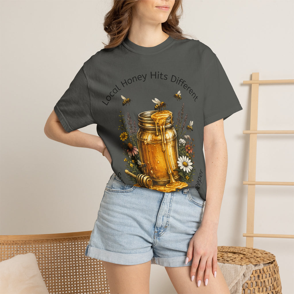 Beekeeper Support T-Shirt — "Local Honey Hits Different" Floral Honey Jar Tee