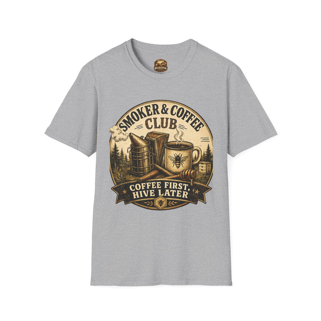 Smoker & Coffee Club T-Shirt — "Coffee First, Hive Later" Vintage Badge