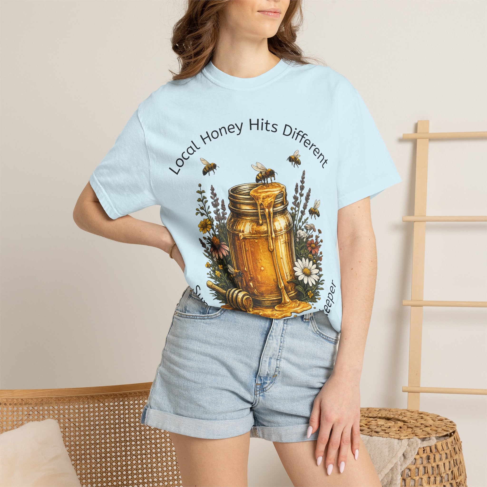 Beekeeper Support T-Shirt — "Local Honey Hits Different" Floral Honey Jar Tee