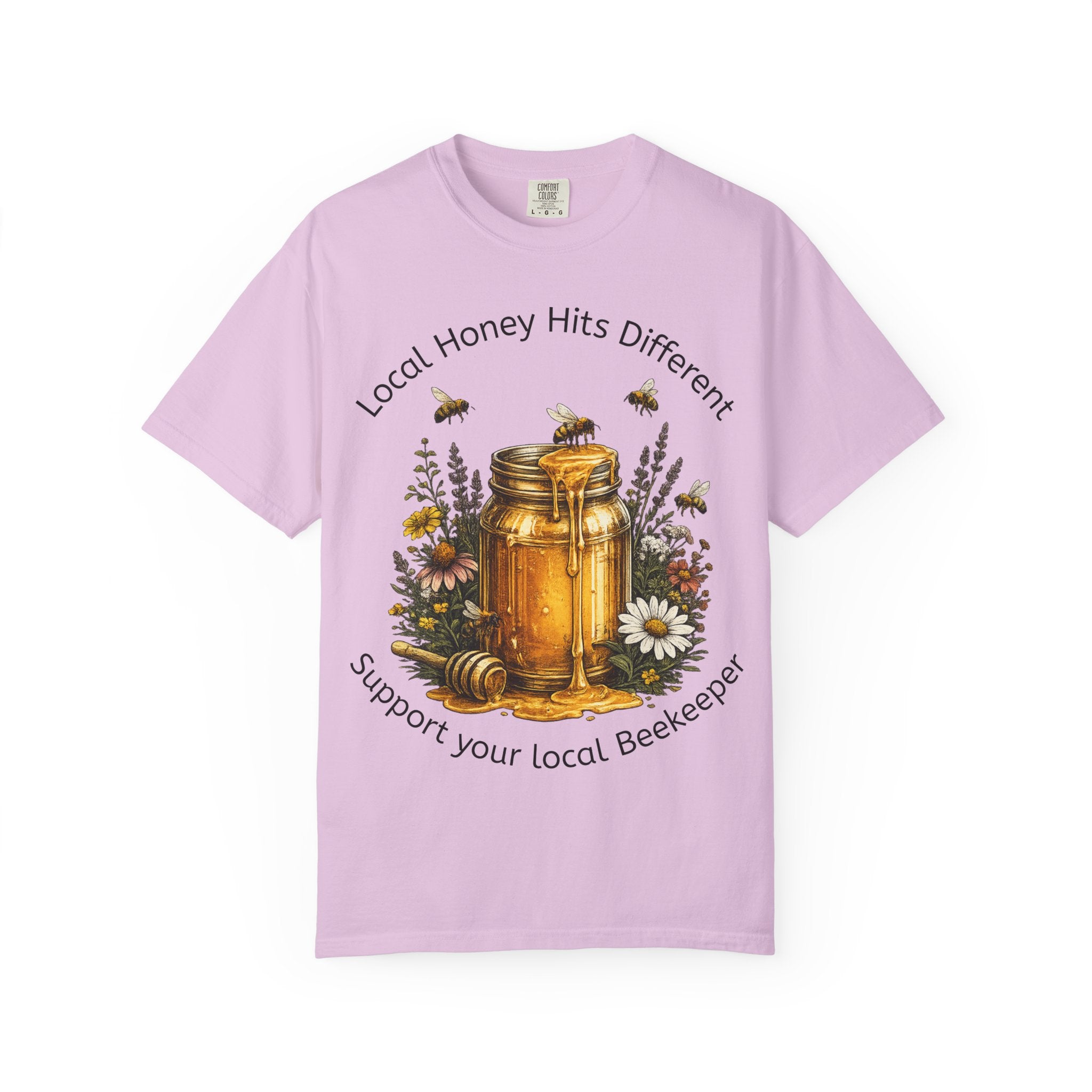 Beekeeper Support T-Shirt — "Local Honey Hits Different" Floral Honey Jar Tee