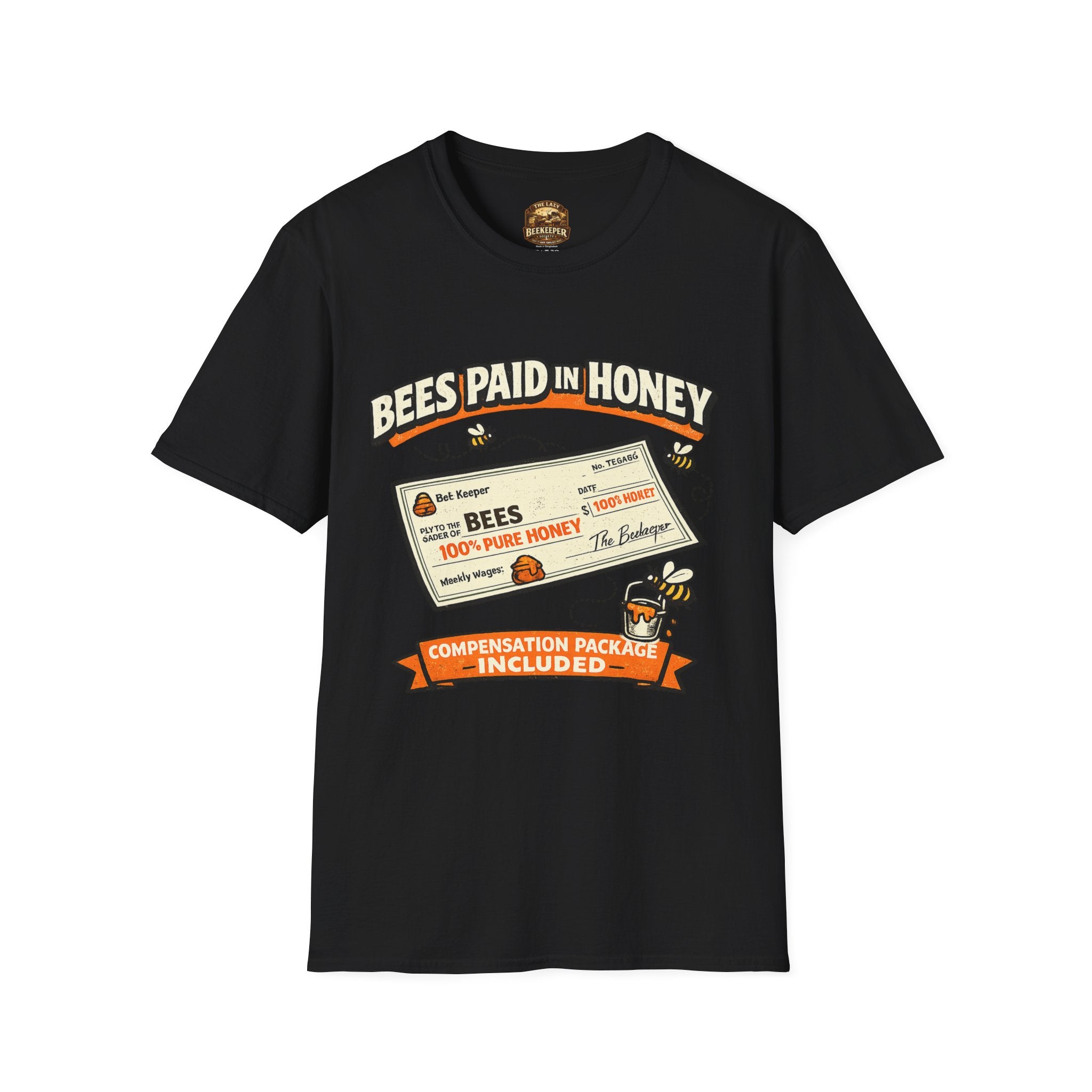 Beekeeping T-Shirt — "Bees Paid in Honey" Vintage Check Design
