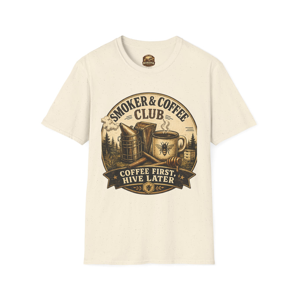 Smoker & Coffee Club T-Shirt — "Coffee First, Hive Later" Vintage Badge