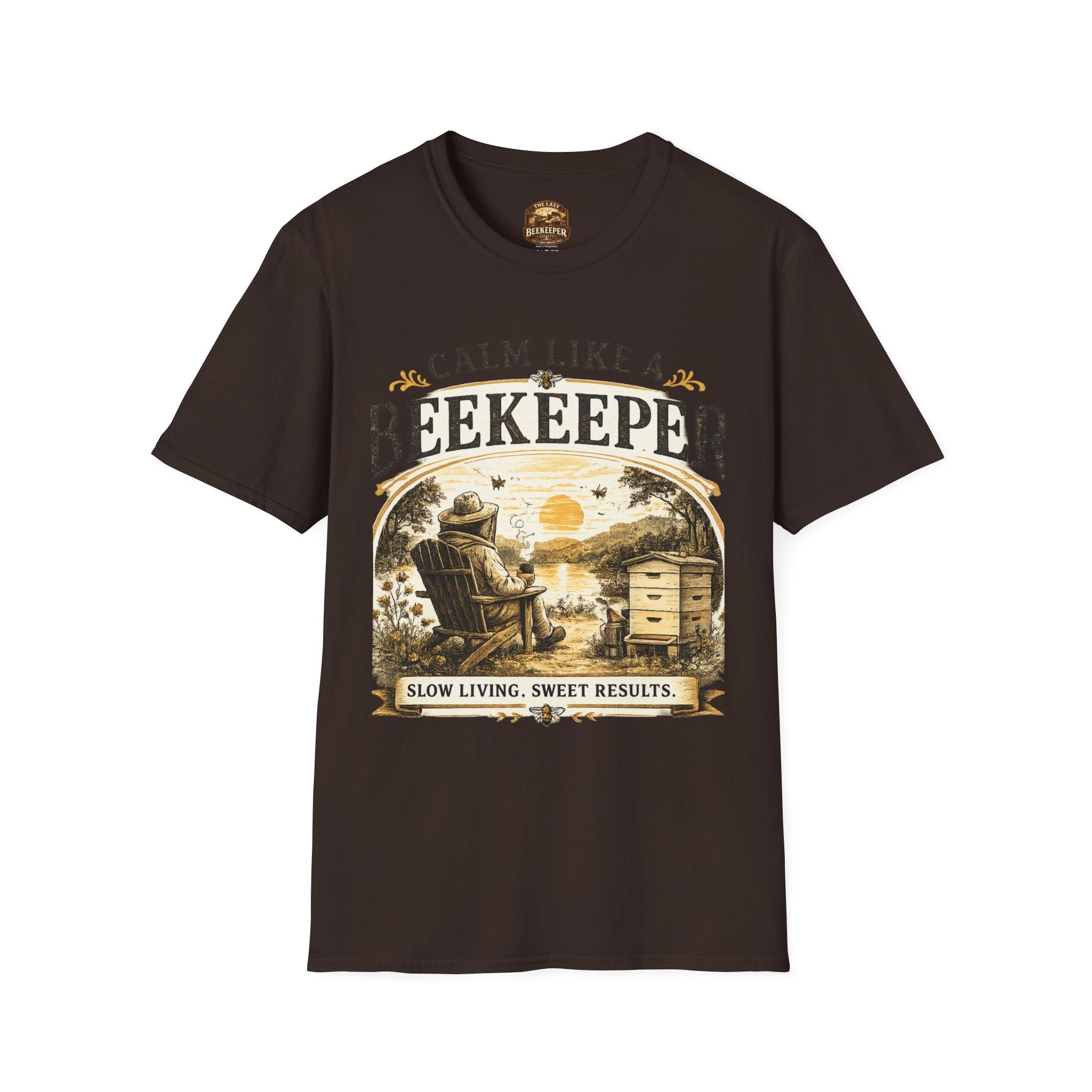 Slow Living T-Shirt — "Slow Living, Sweet Results" Rustic Sunset Graphic Tee