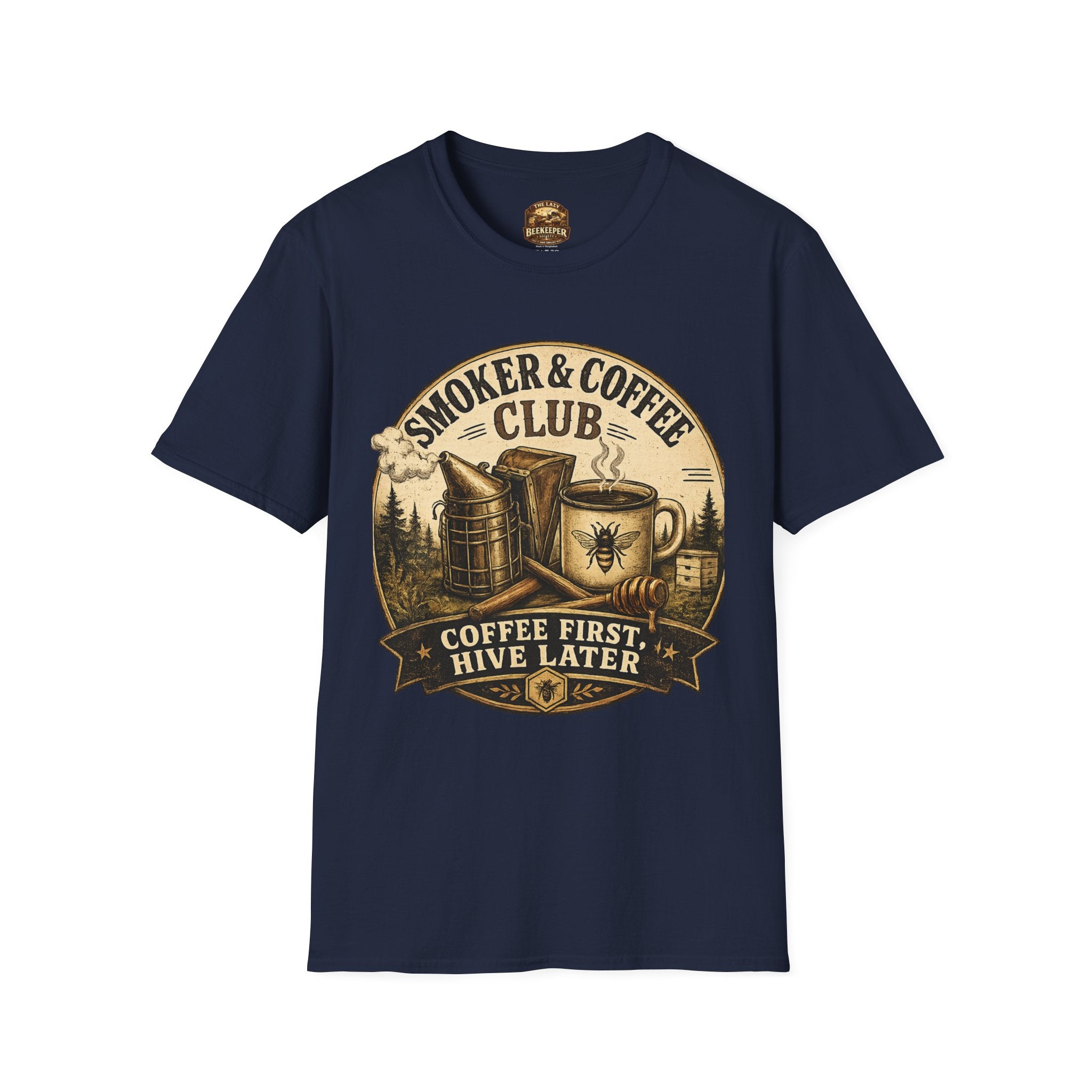 Smoker & Coffee Club T-Shirt — "Coffee First, Hive Later" Vintage Badge