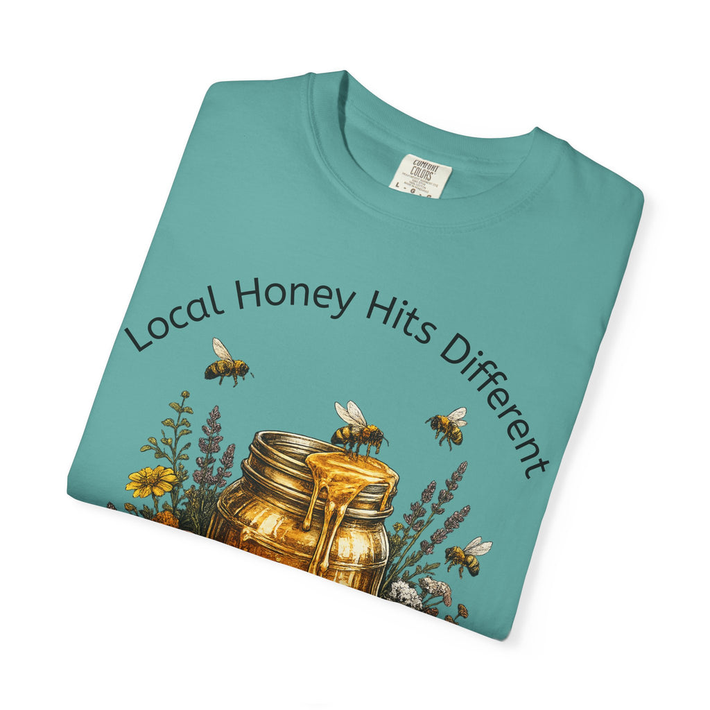 Beekeeper Support T-Shirt — "Local Honey Hits Different" Floral Honey Jar Tee