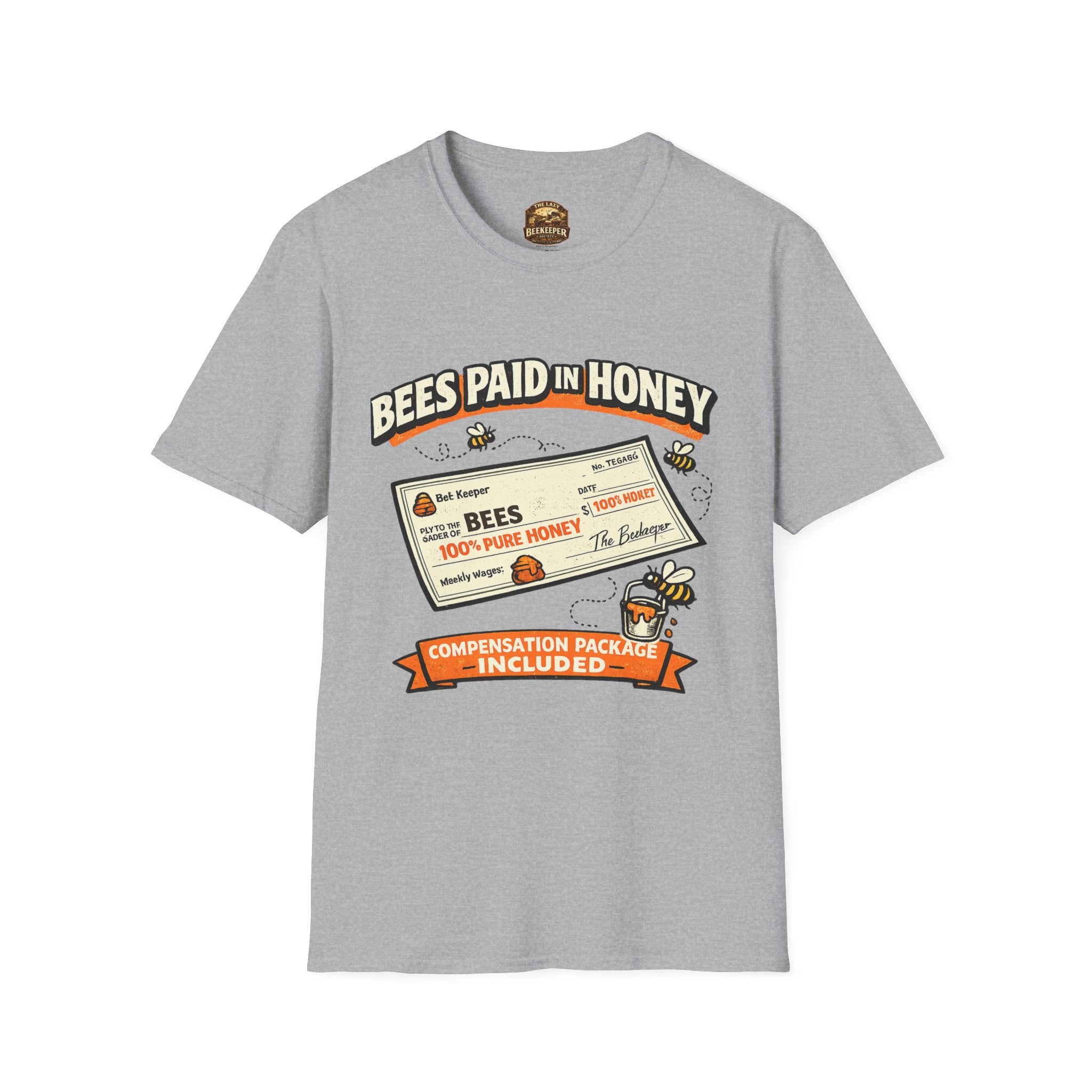 Beekeeping T-Shirt — "Bees Paid in Honey" Vintage Check Design