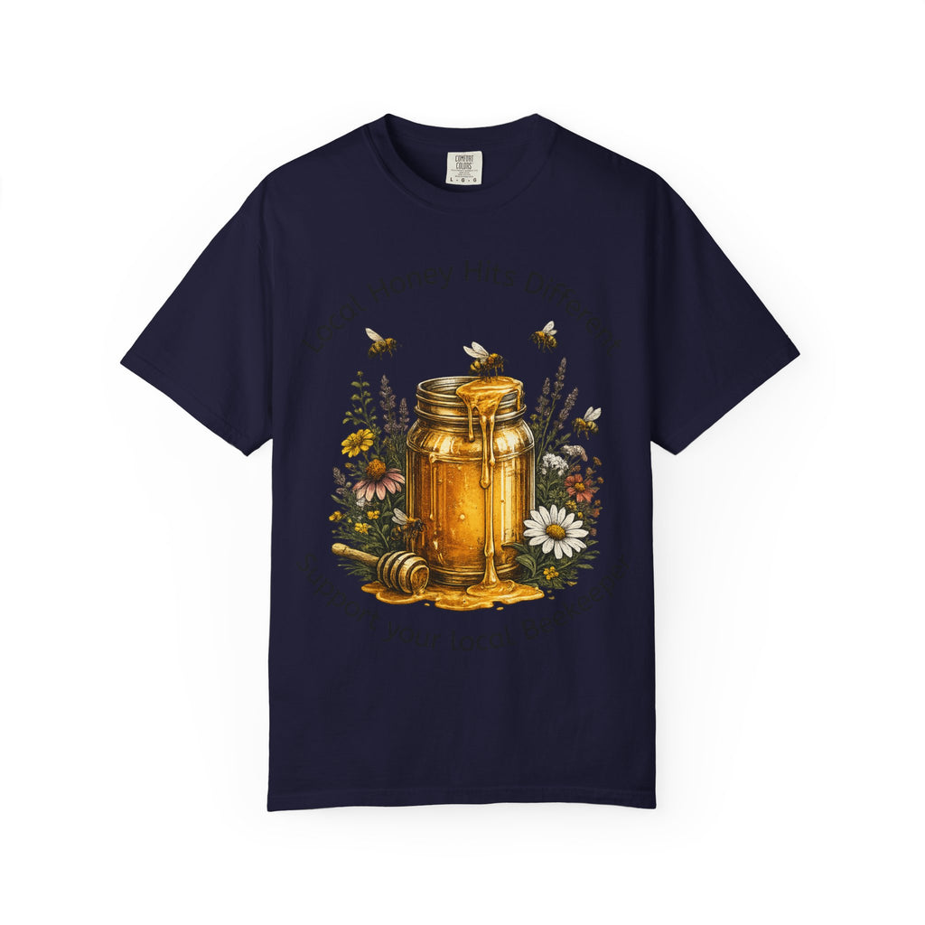 Beekeeper Support T-Shirt — "Local Honey Hits Different" Floral Honey Jar Tee