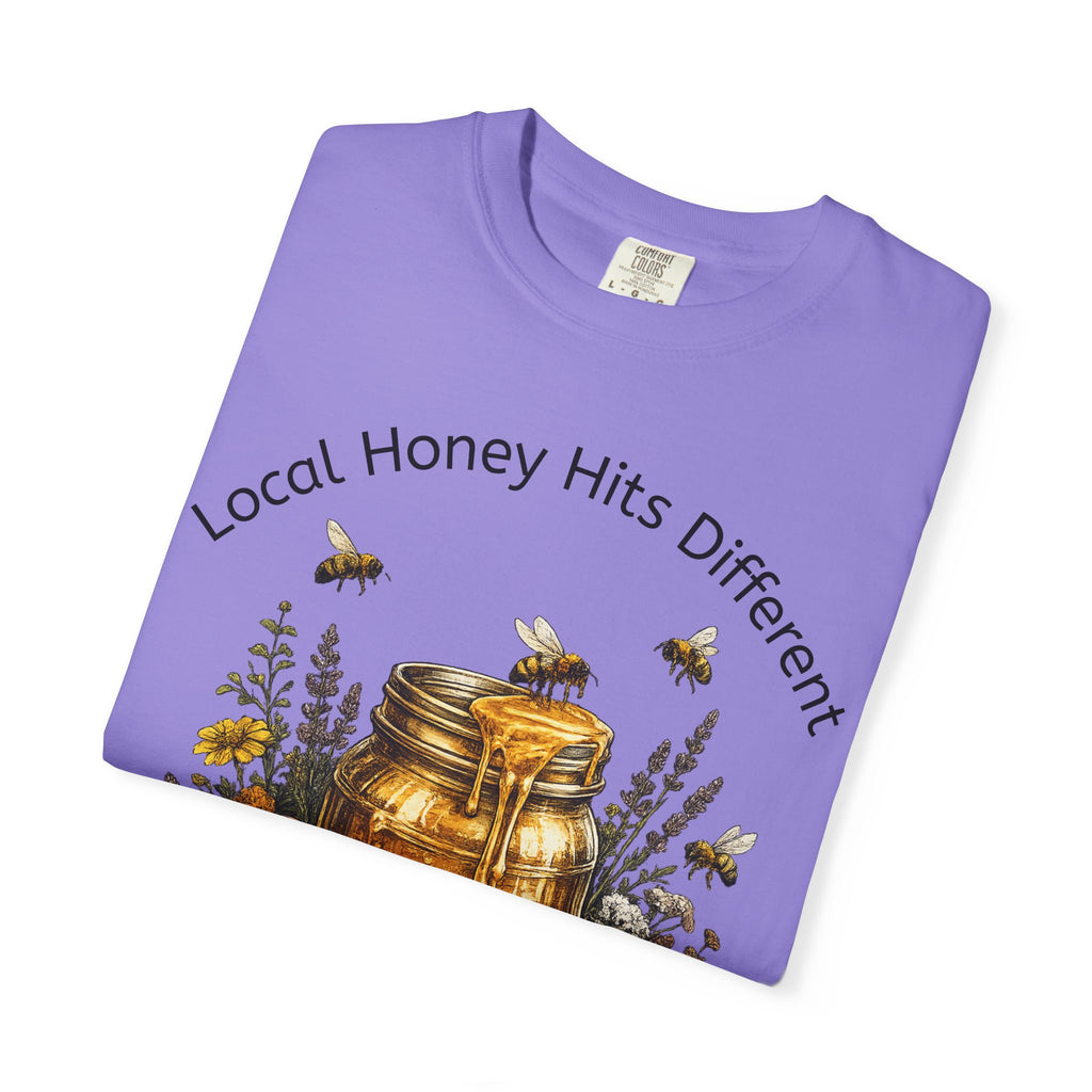 Beekeeper Support T-Shirt — "Local Honey Hits Different" Floral Honey Jar Tee
