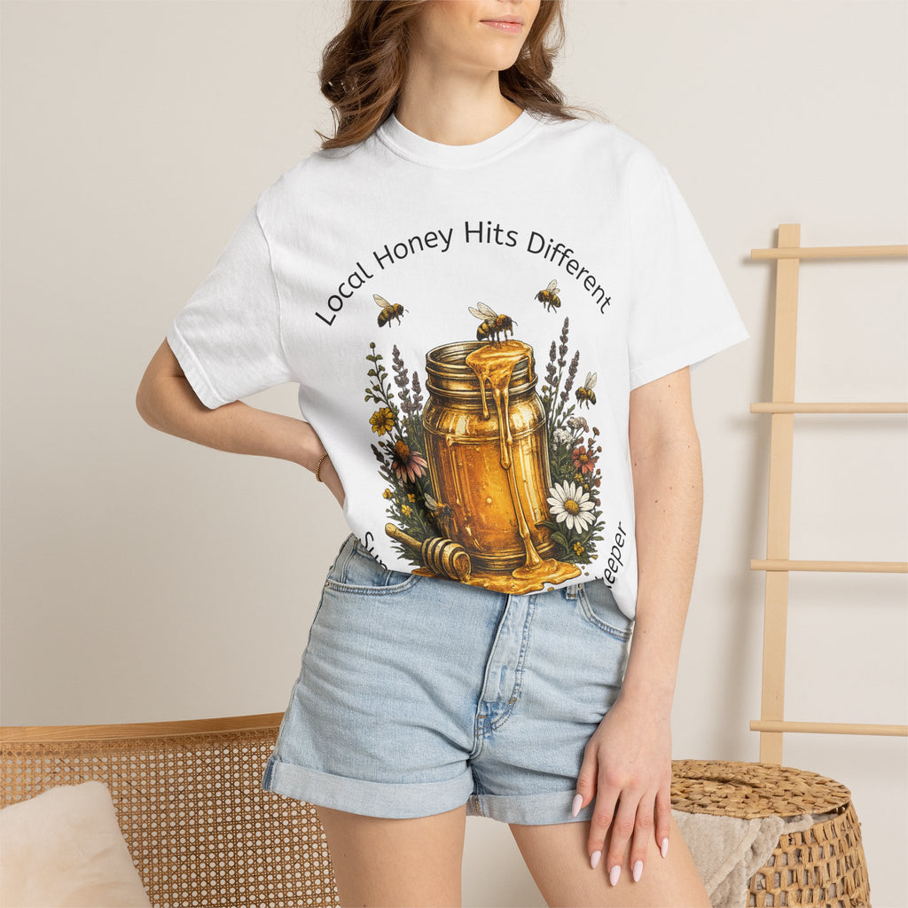 Beekeeper Support T-Shirt — "Local Honey Hits Different" Floral Honey Jar Tee