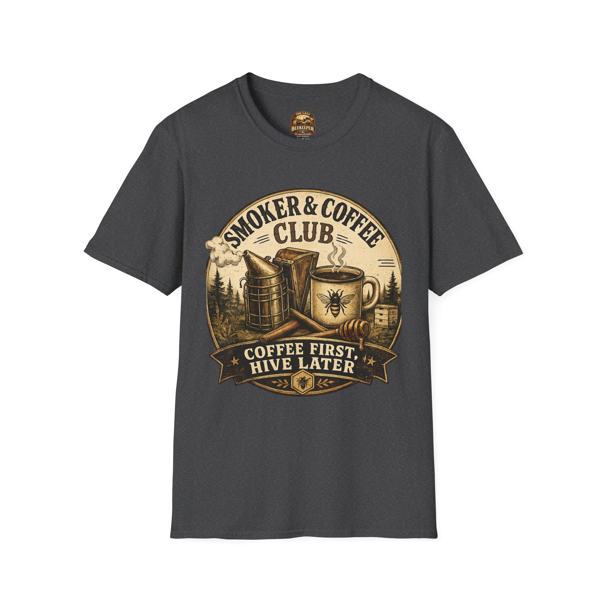 Smoker & Coffee Club T-Shirt — "Coffee First, Hive Later" Vintage Badge
