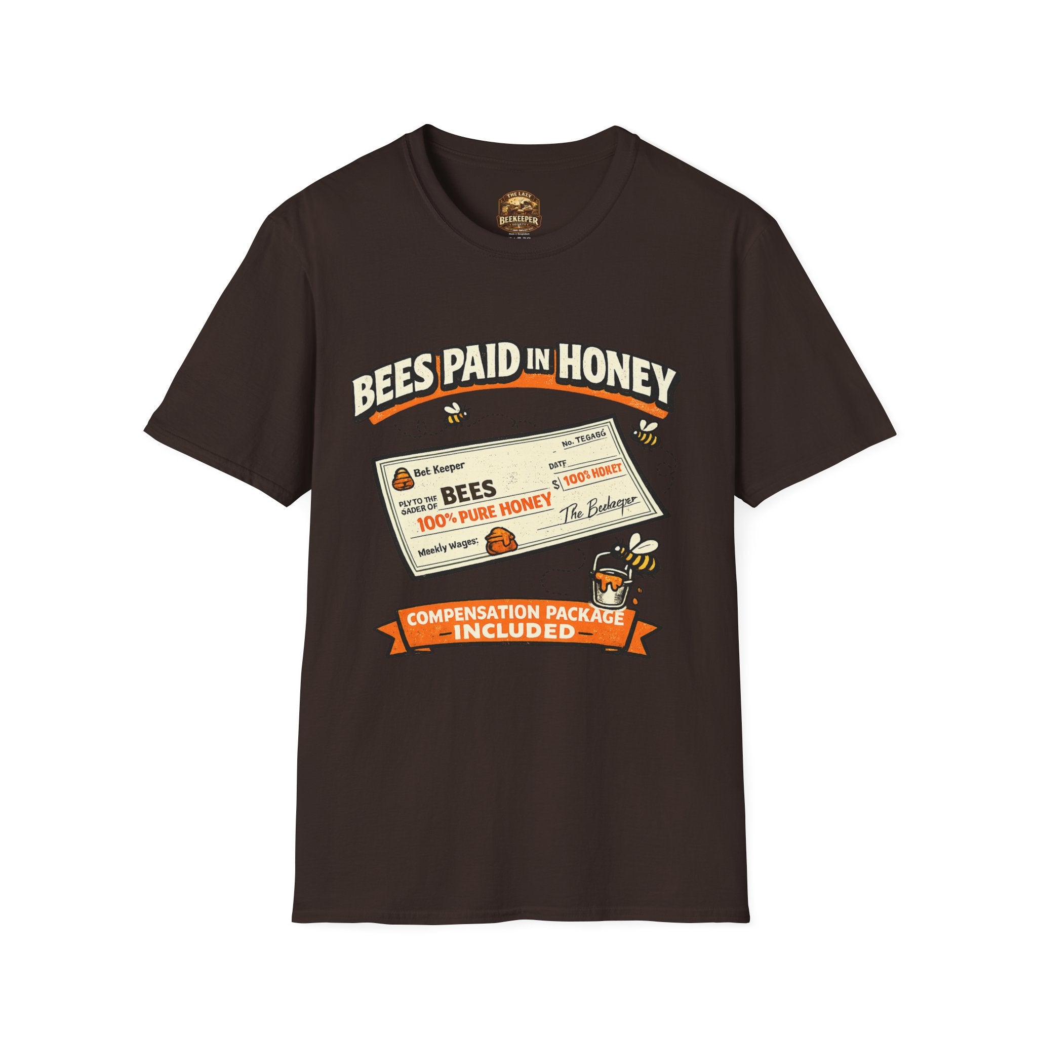 Beekeeping T-Shirt — "Bees Paid in Honey" Vintage Check Design