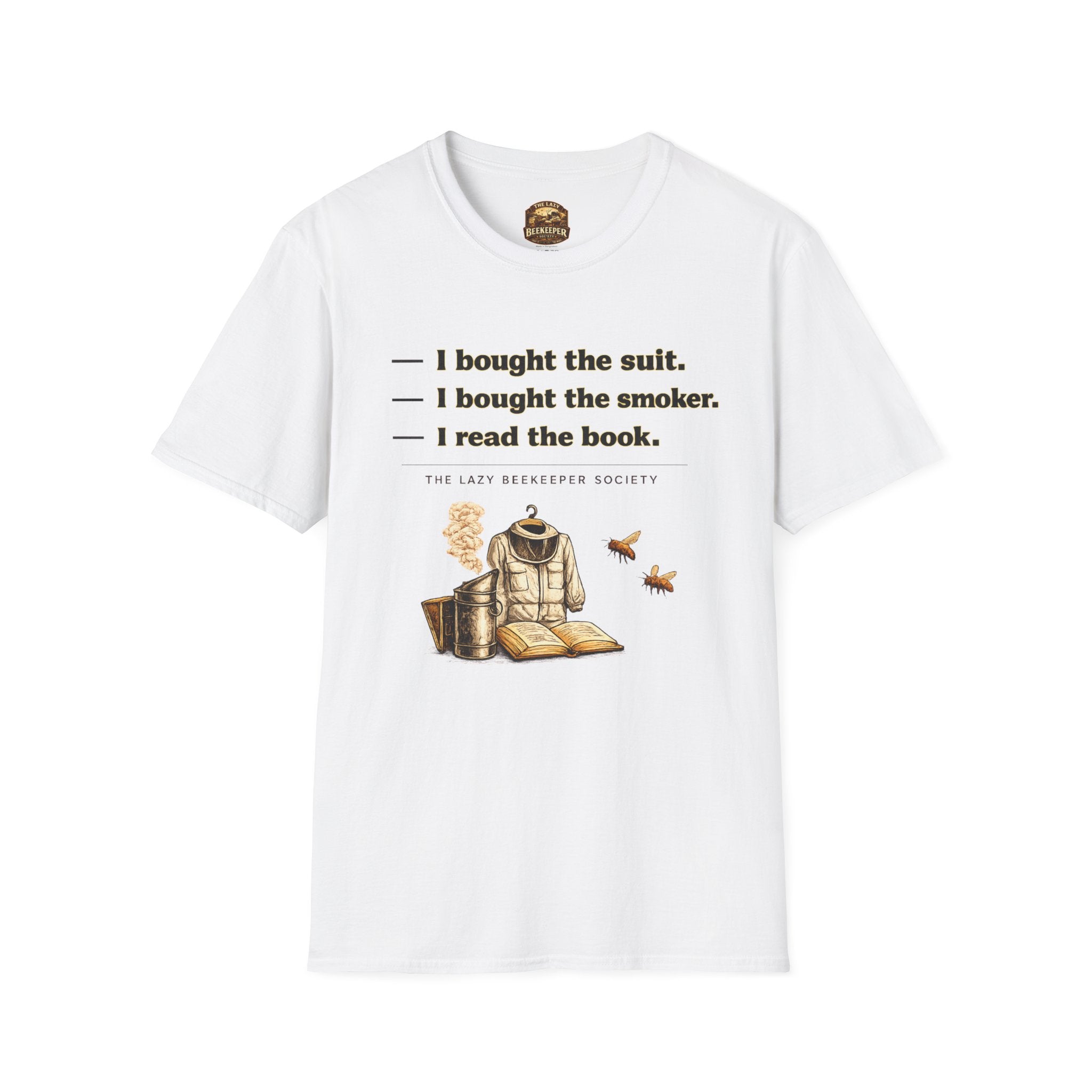 T‑Shirt — Literary Humor Tee: “I bought the suit. I bought the smoker. I read the book.”