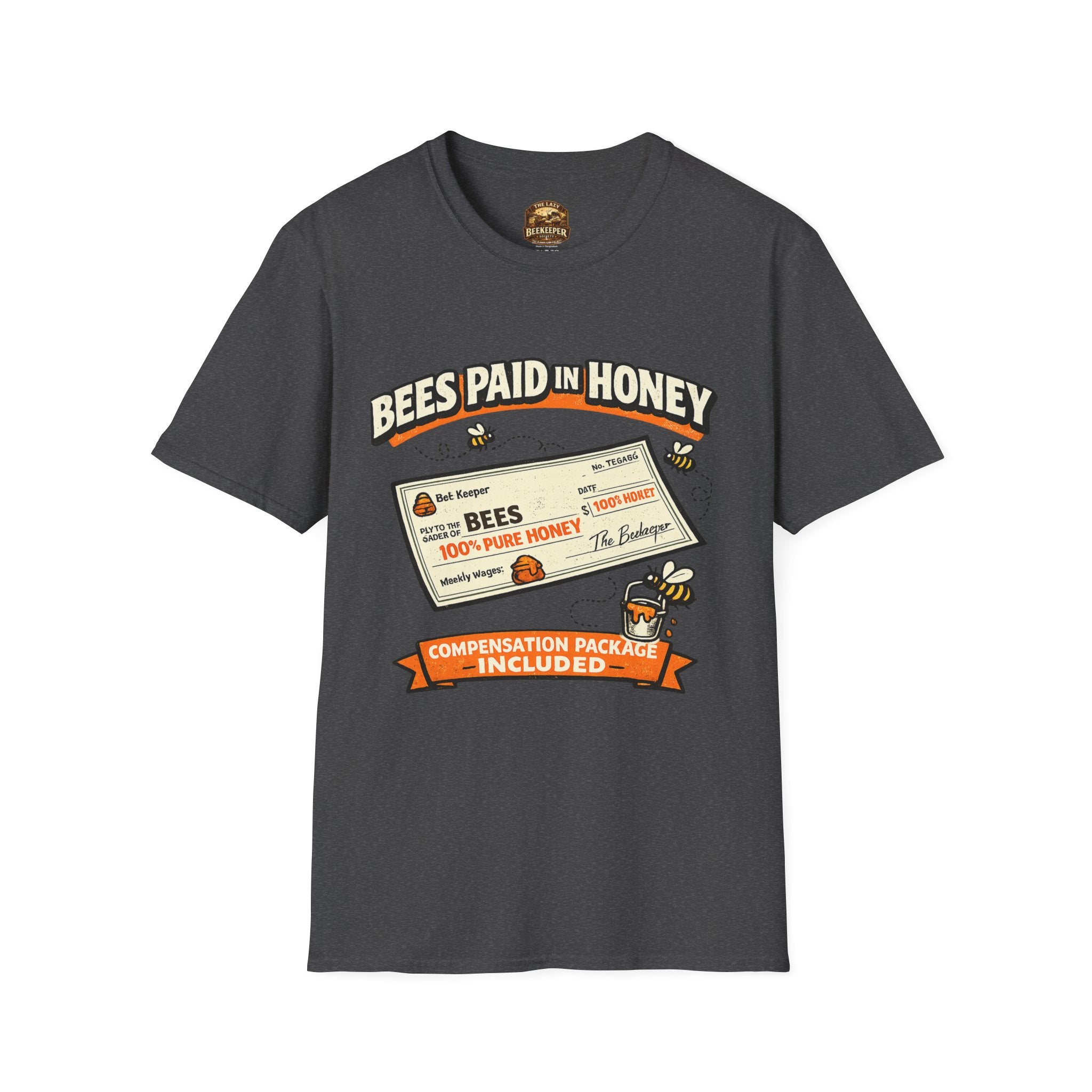 Beekeeping T-Shirt — "Bees Paid in Honey" Vintage Check Design