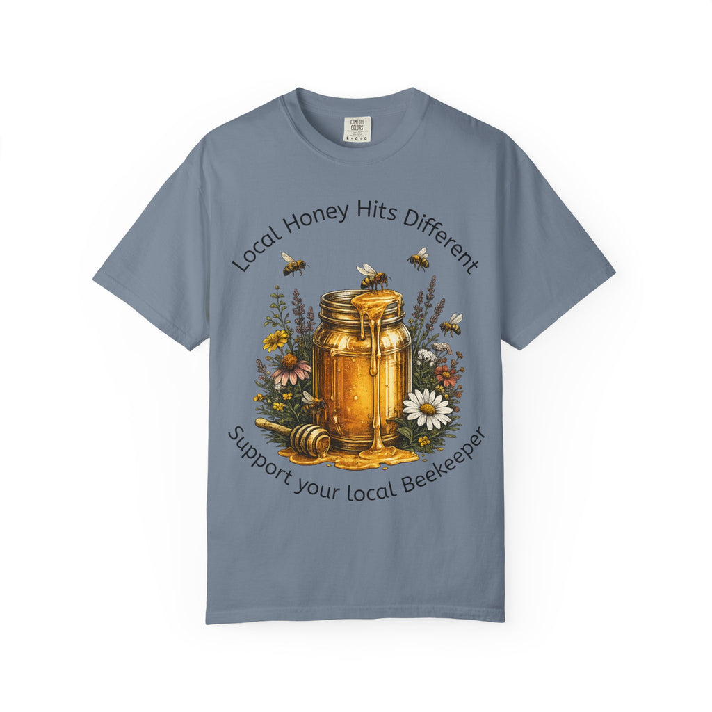 Beekeeper Support T-Shirt — "Local Honey Hits Different" Floral Honey Jar Tee