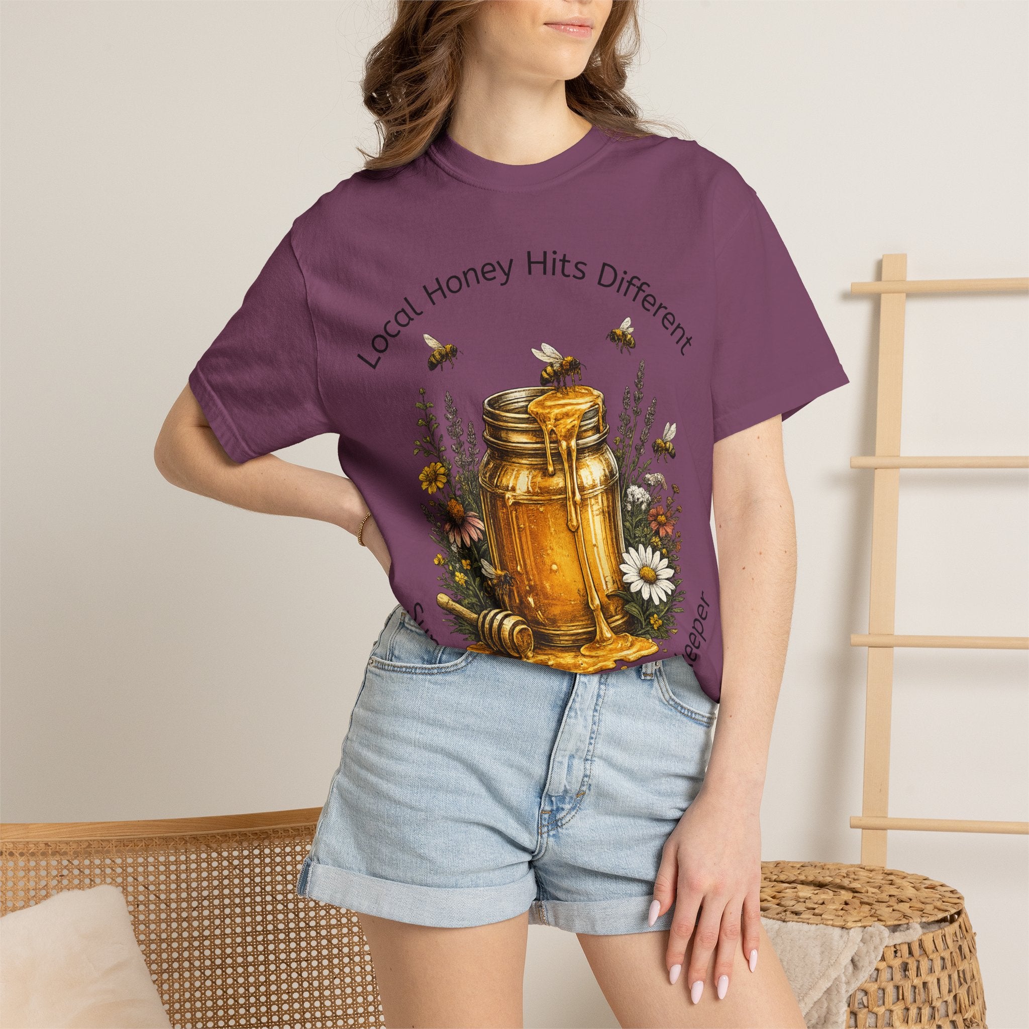 Beekeeper Support T-Shirt — "Local Honey Hits Different" Floral Honey Jar Tee