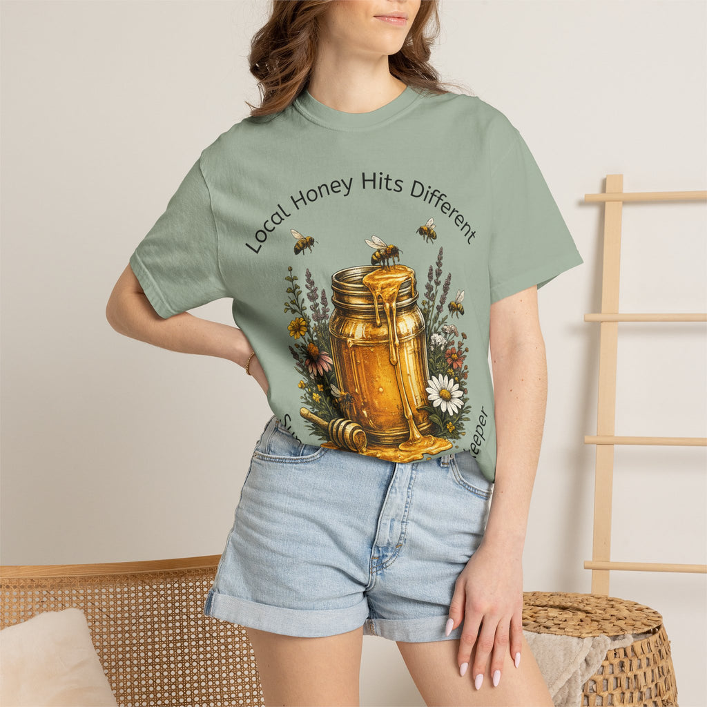 Beekeeper Support T-Shirt — "Local Honey Hits Different" Floral Honey Jar Tee