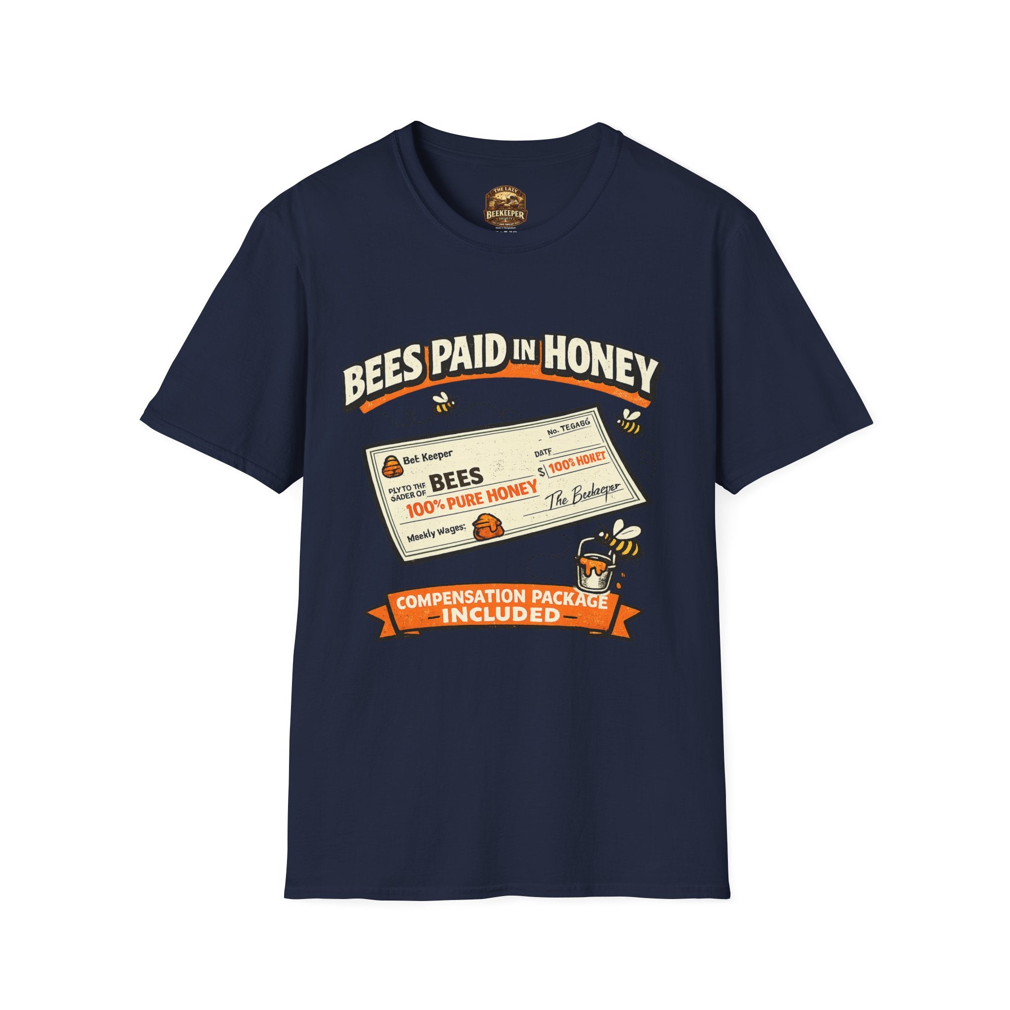 Beekeeping T-Shirt — "Bees Paid in Honey" Vintage Check Design