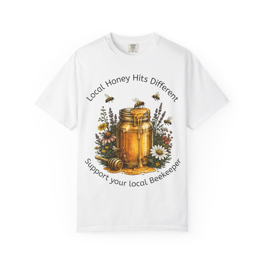 Beekeeper Support T-Shirt — "Local Honey Hits Different" Floral Honey Jar Tee