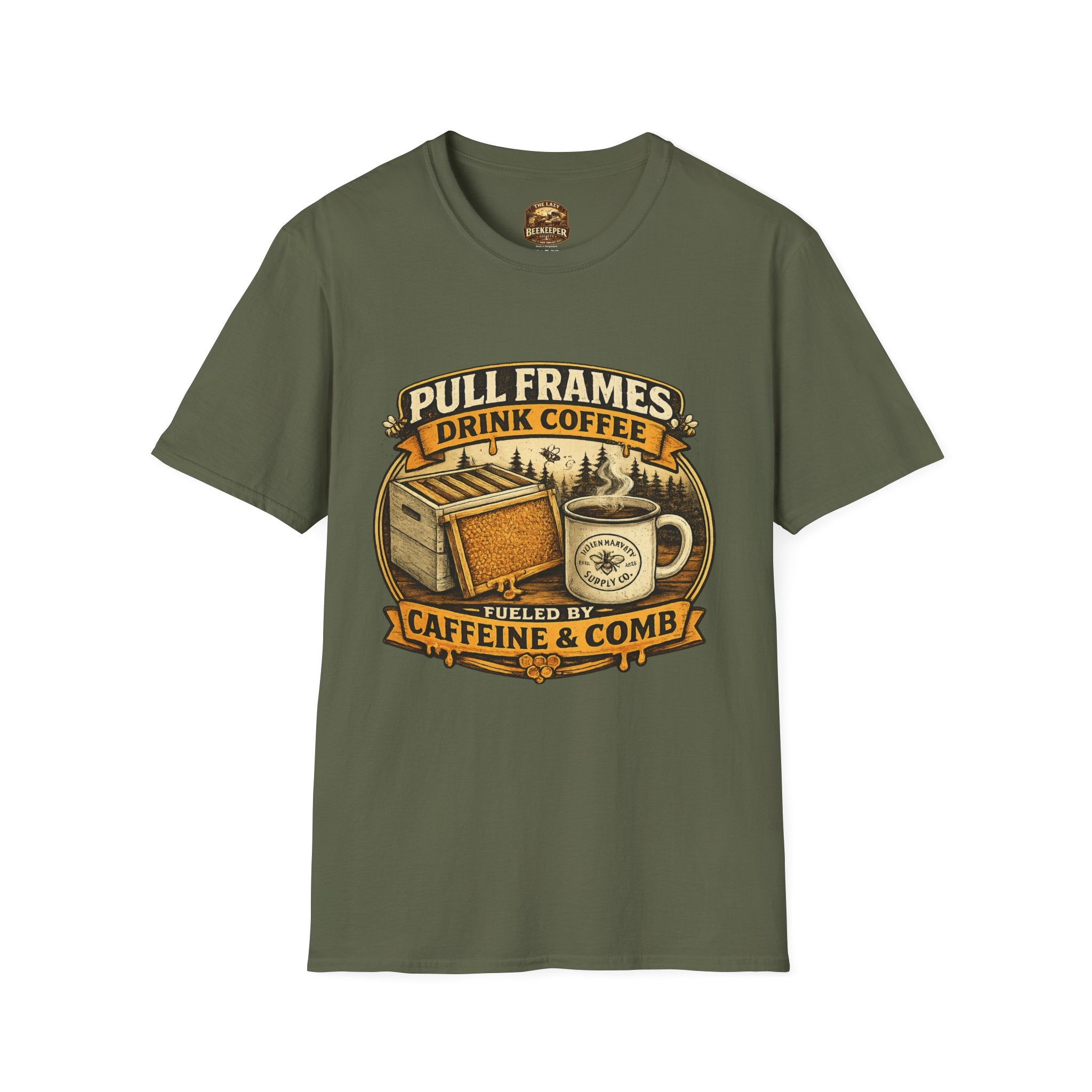 T-Shirt „Pull Frames Drink Coffee“ – Imker Kaffee & Waben Grafik-T-Shirt