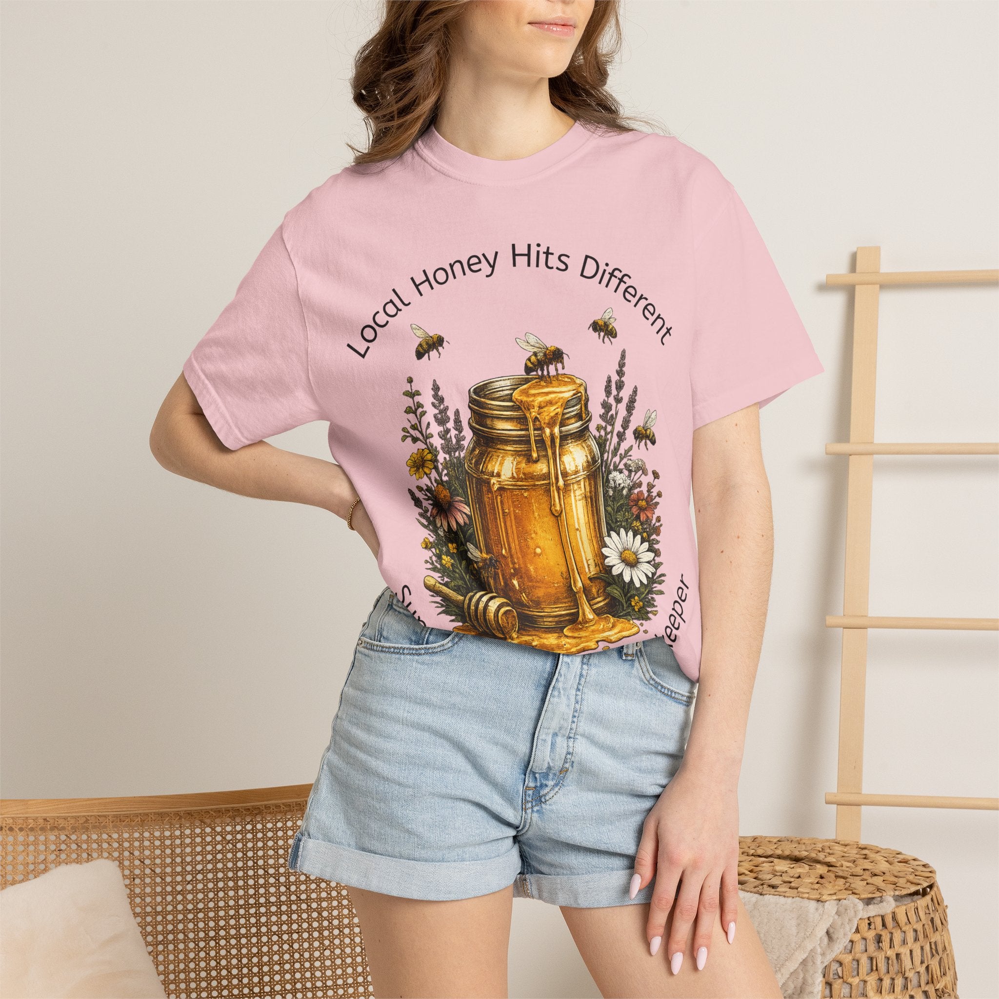 Beekeeper Support T-Shirt — "Local Honey Hits Different" Floral Honey Jar Tee