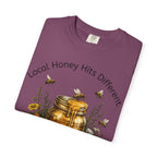 Beekeeper Support T-Shirt — "Local Honey Hits Different" Floral Honey Jar Tee