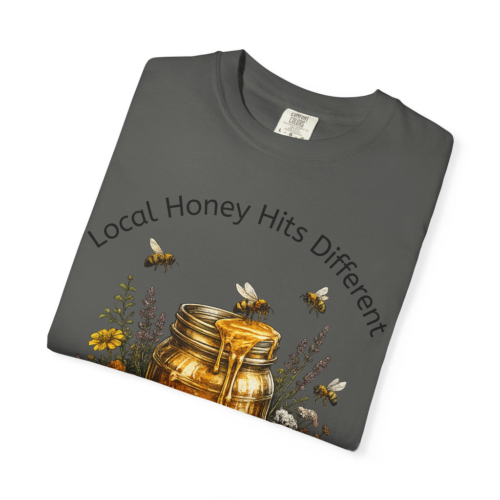 Beekeeper Support T-Shirt — "Local Honey Hits Different" Floral Honey Jar Tee