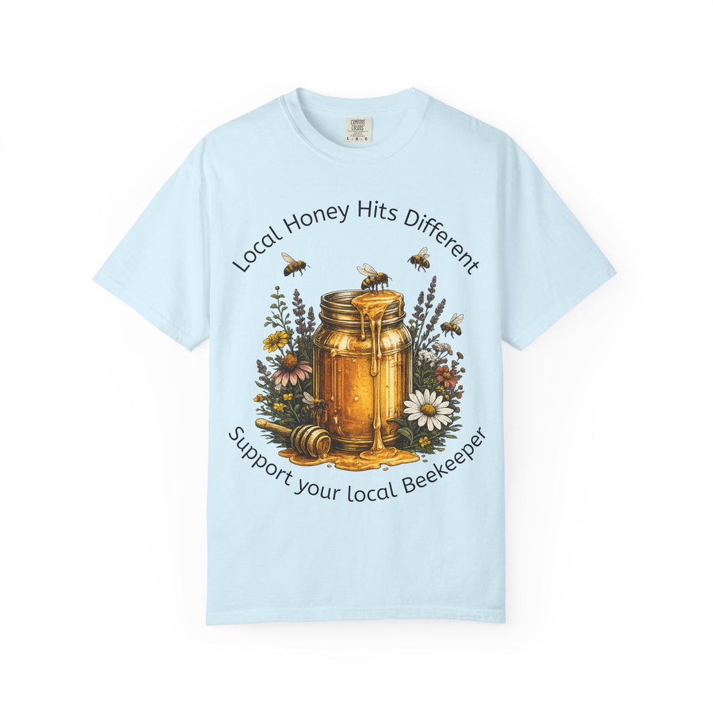 Beekeeper Support T-Shirt — "Local Honey Hits Different" Floral Honey Jar Tee