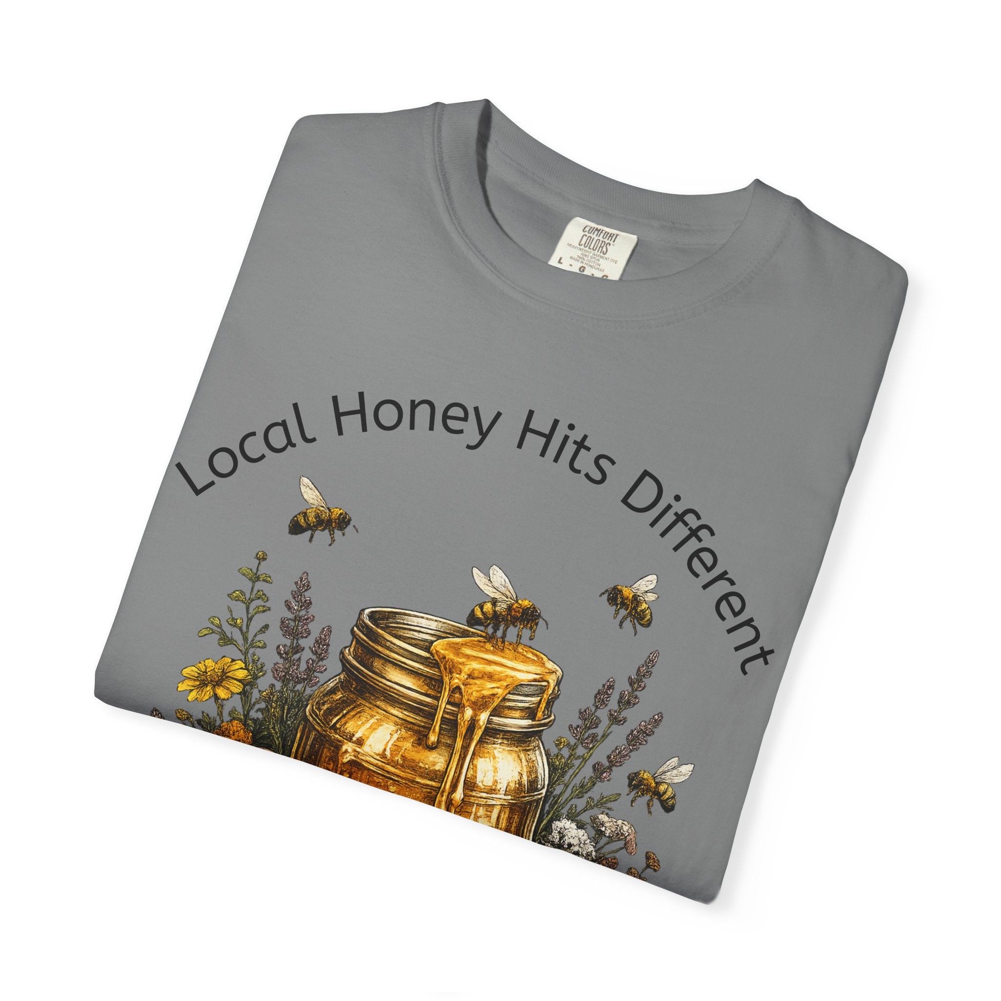 Beekeeper Support T-Shirt — "Local Honey Hits Different" Floral Honey Jar Tee